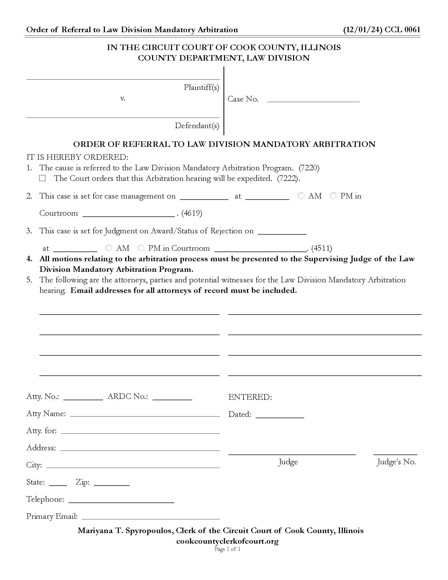 Order Of Referral To Law Division Mandatory Arbitration {CCL 0061} | Pdf Fpdf Docx | Illinois