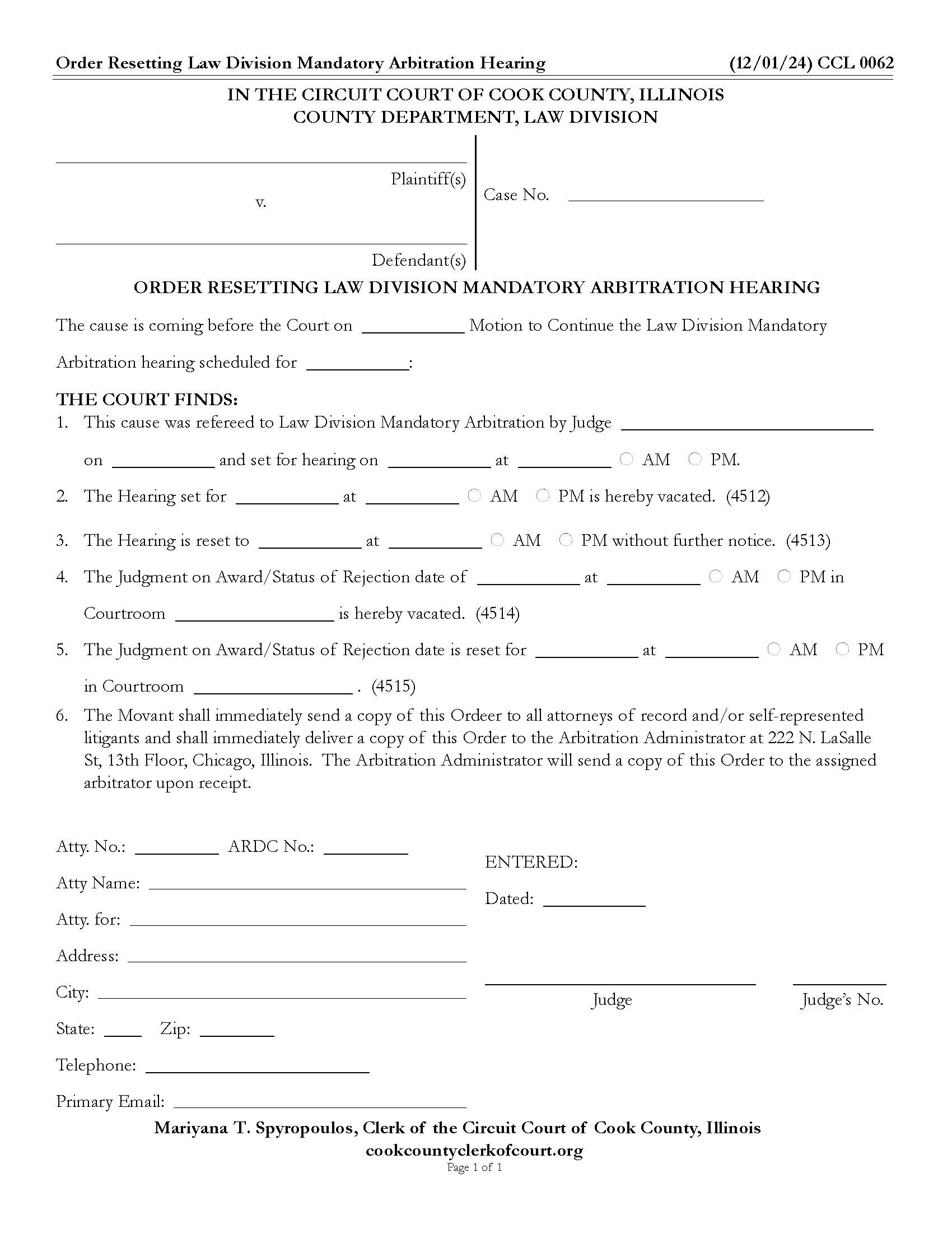 Order Resetting Law Division Mandatory Arbitration Hearing {CCL 0062} | Pdf Fpdf Docx | Illinois