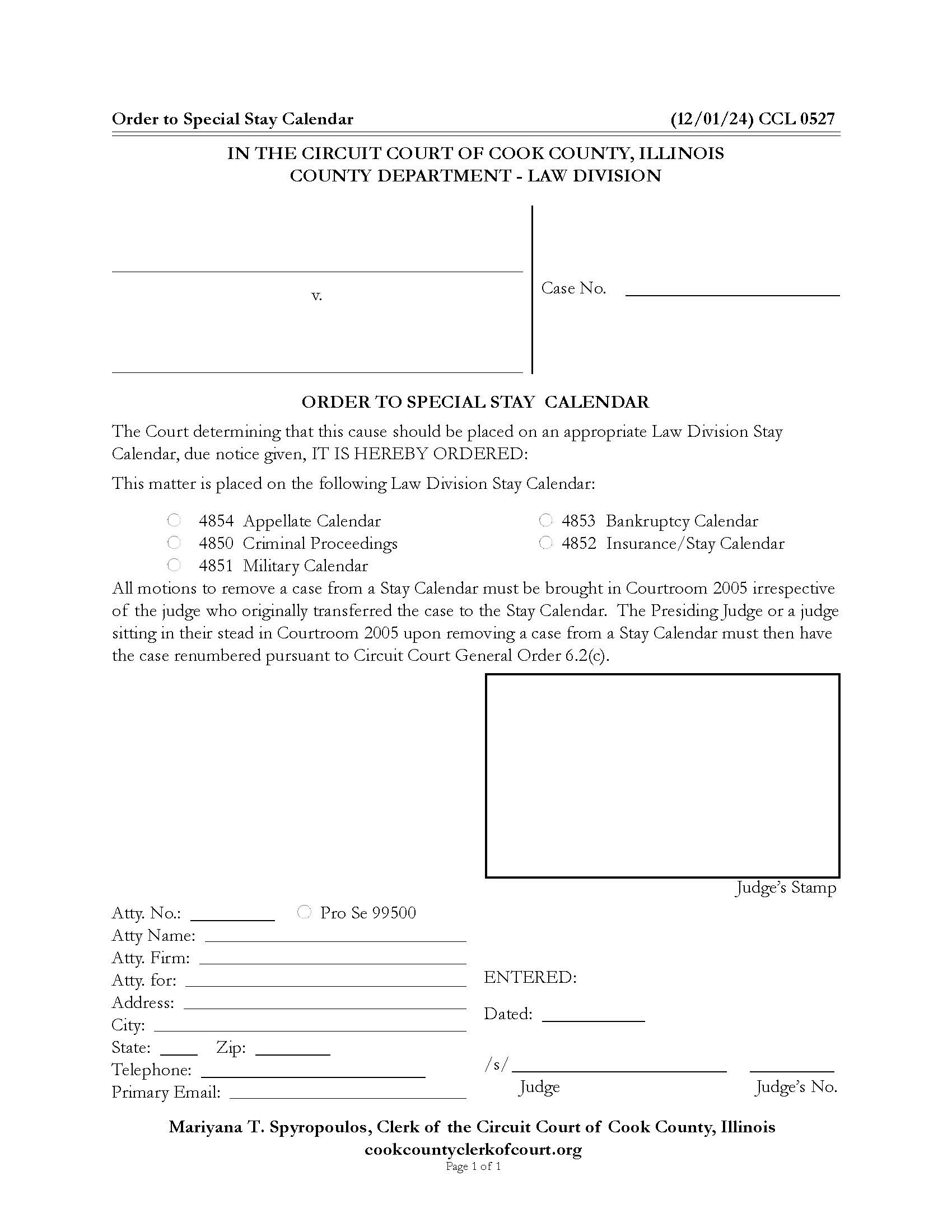Order To Special Stay Calendar {CCL 0527} | Pdf Fpdf Doc Docx | Illinois