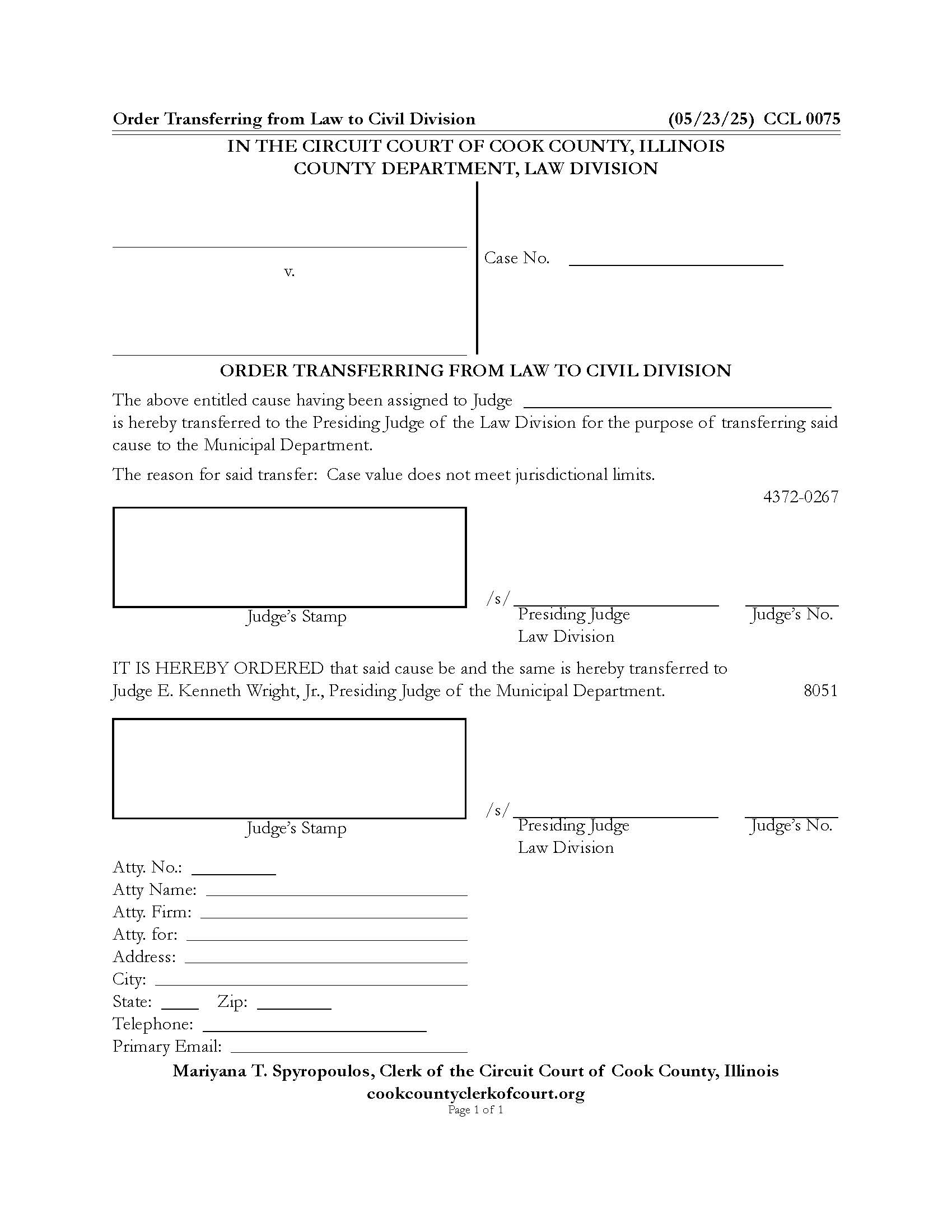 Order Transferring From Law To Civil Division {CCL 0075} | Pdf Fpdf Docx | Illinois