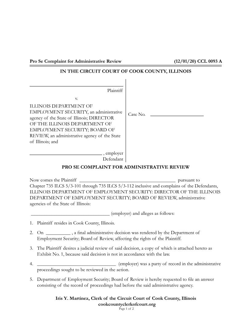 Pro Se Complaint For Administrative Review {CCL 0093} | Pdf Fpdf Docx | Illinois