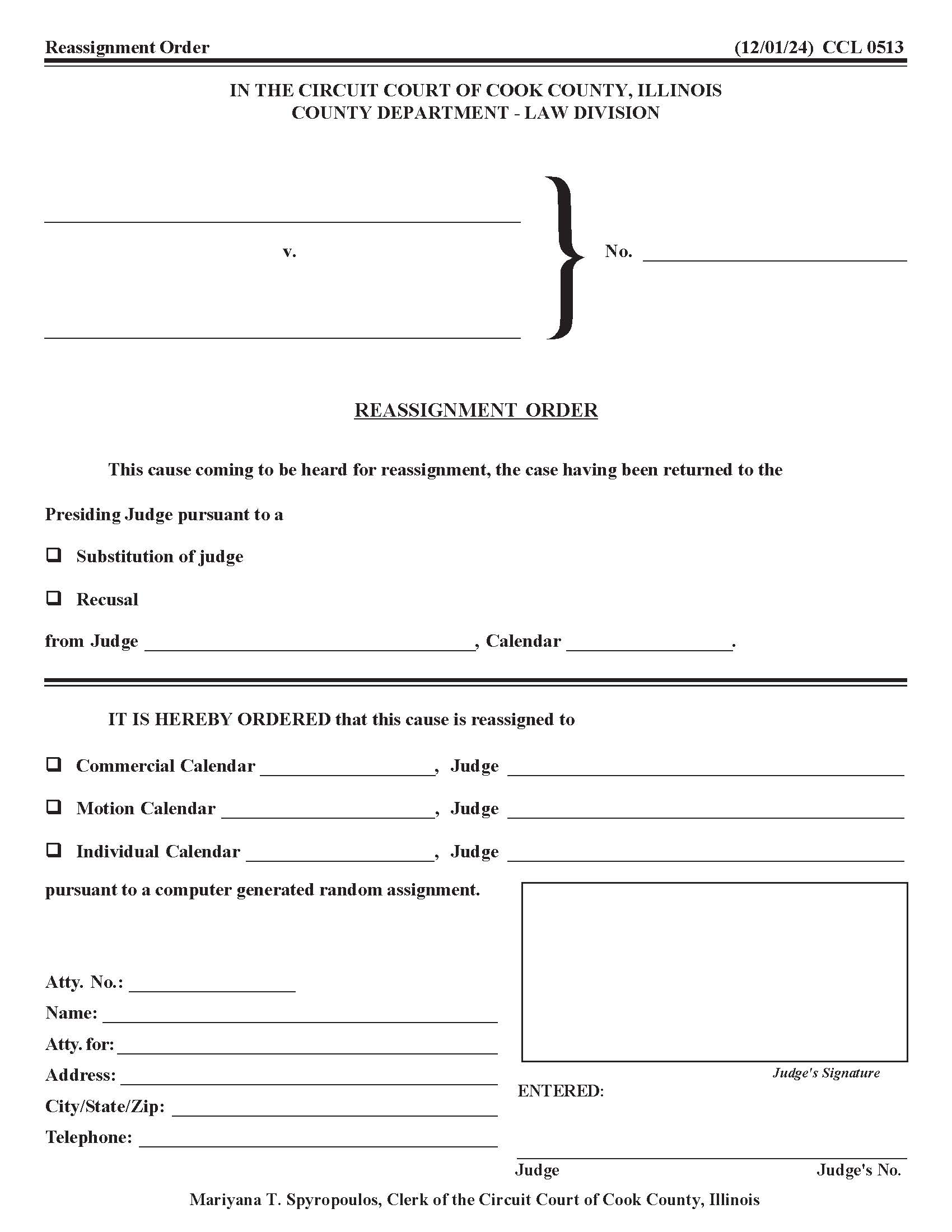 Reassignment Order {CCL 0513} | Pdf Fpdf Docx | Illinois