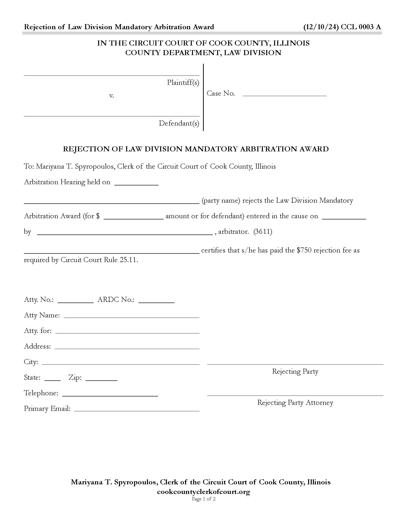 Rejection Of Commercial Calendar Mandatory Arbitration Award {CCL 0003} | Pdf Fpdf Docx | Illinois