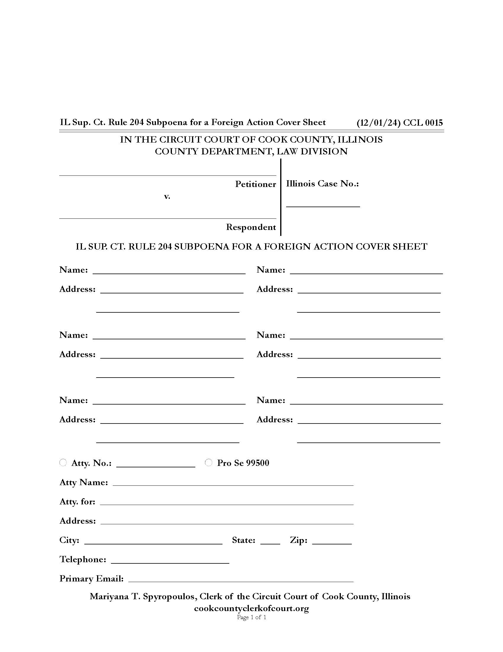 Subpoena For A Foreign Action Cover Sheet {CCL 0015} | Pdf Fpdf Docx | Illinois