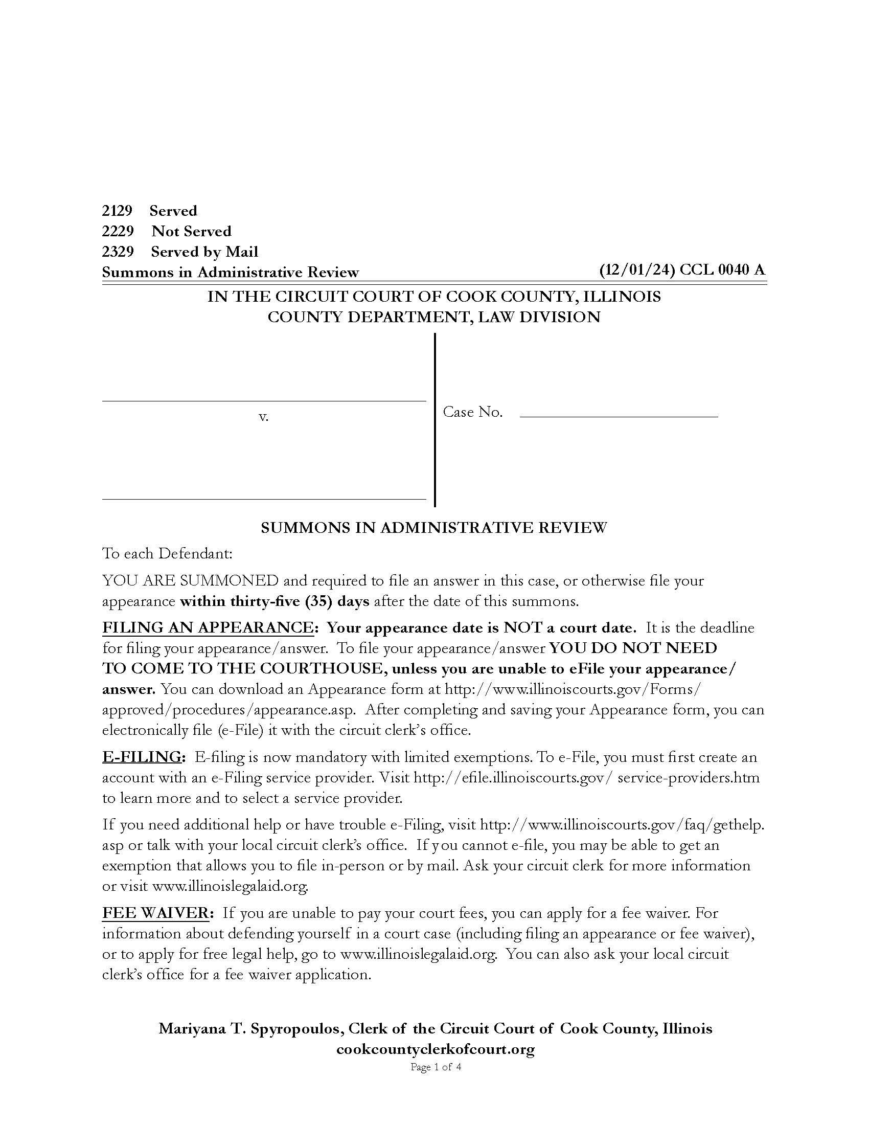 Summons In Administrative Review {CCL 0040} | Pdf Fpdf Docx | Illinois