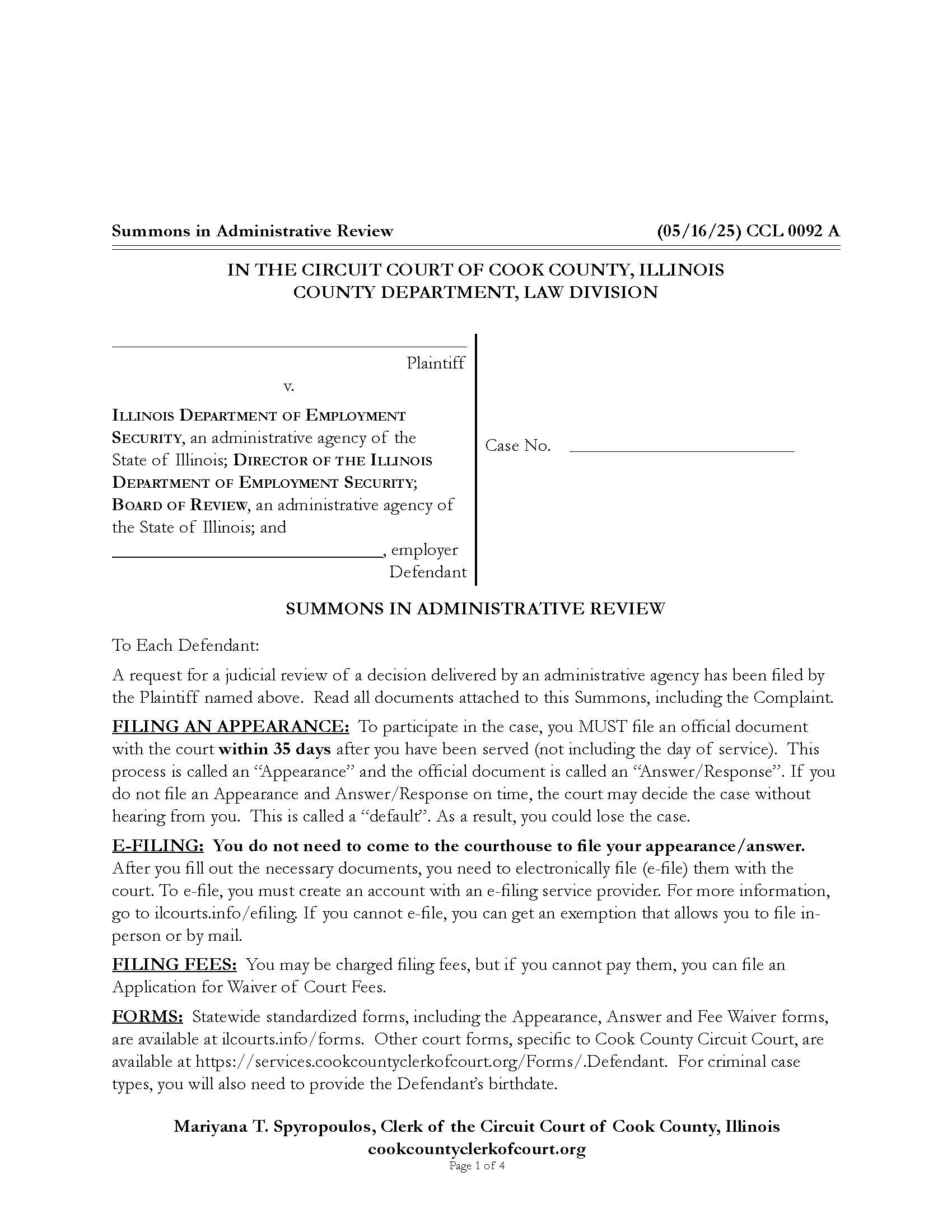 Summons In Administrative Review {CCL 0092} | Pdf Fpdf Docx | Illinois