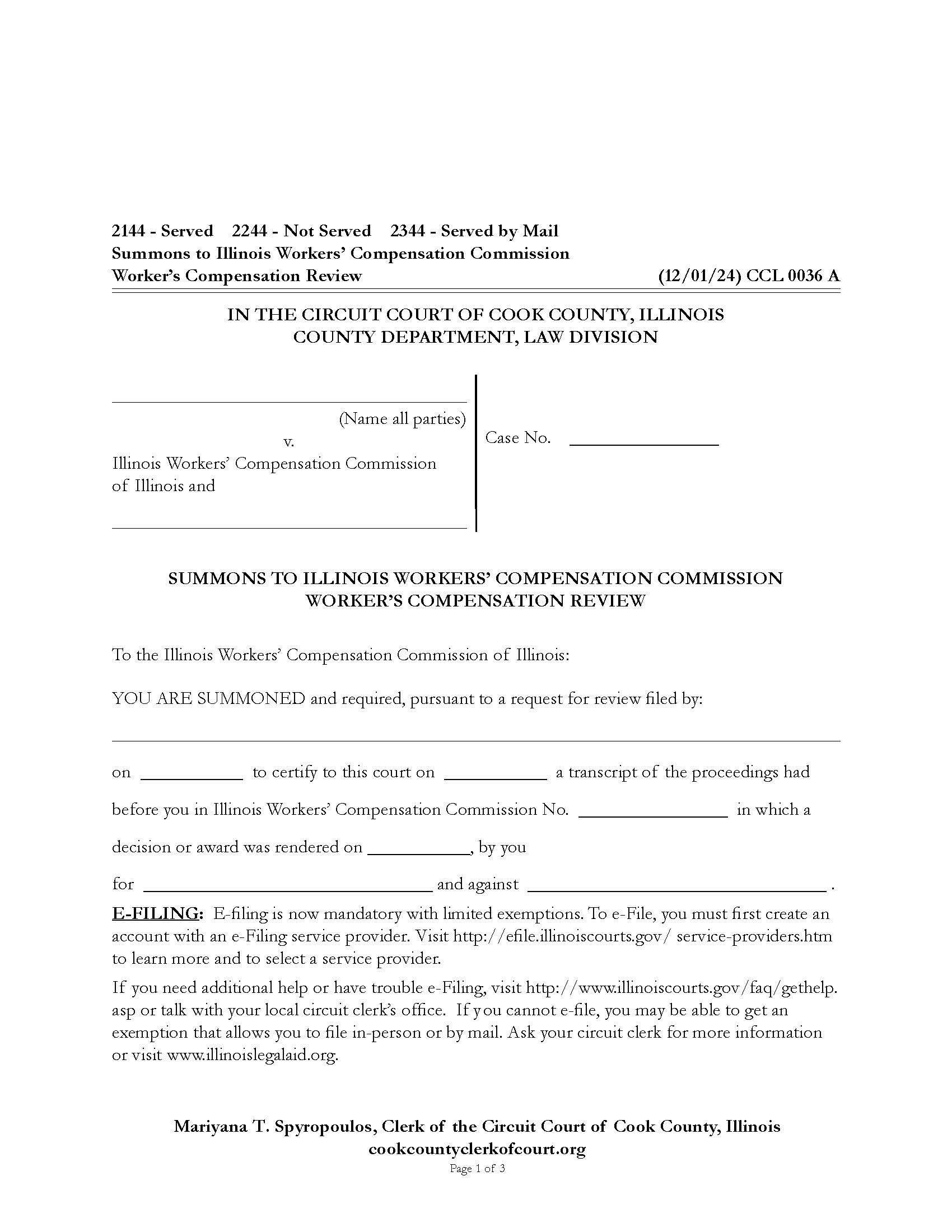 Summons To Illinois Workers Compensation Commission Workers Compensation Review {CCL 0036} | Pdf Fpdf Docx | Illinois