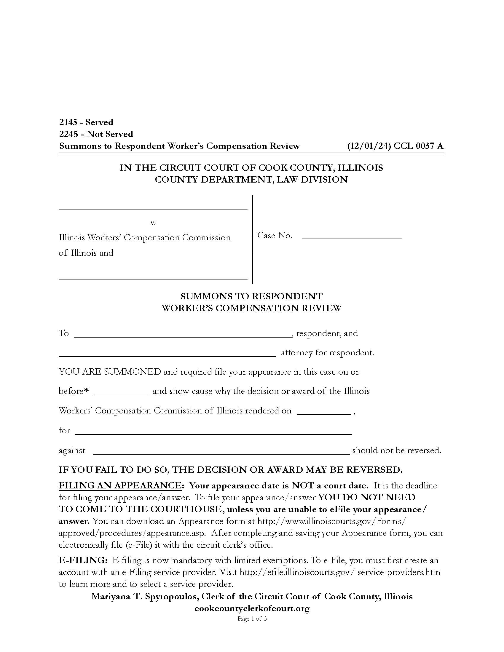 Summons To Respondent Workers Compensation Review {CCL 0037} | Pdf Fpdf Docx | Illinois