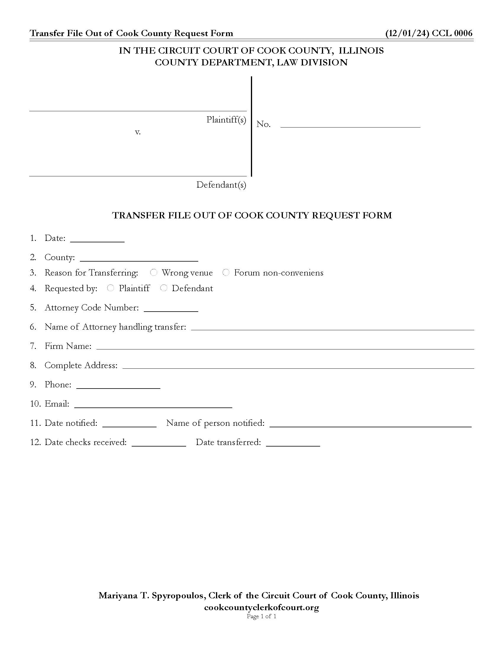 Transfer File Out Of Cook County Request Form {CCL 0006} | Pdf Fpdf Doc Docx | Illinois