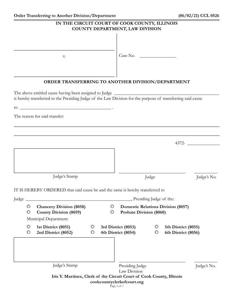 Transfer Order {CCL 0526} | Pdf Fpdf Docx | Illinois