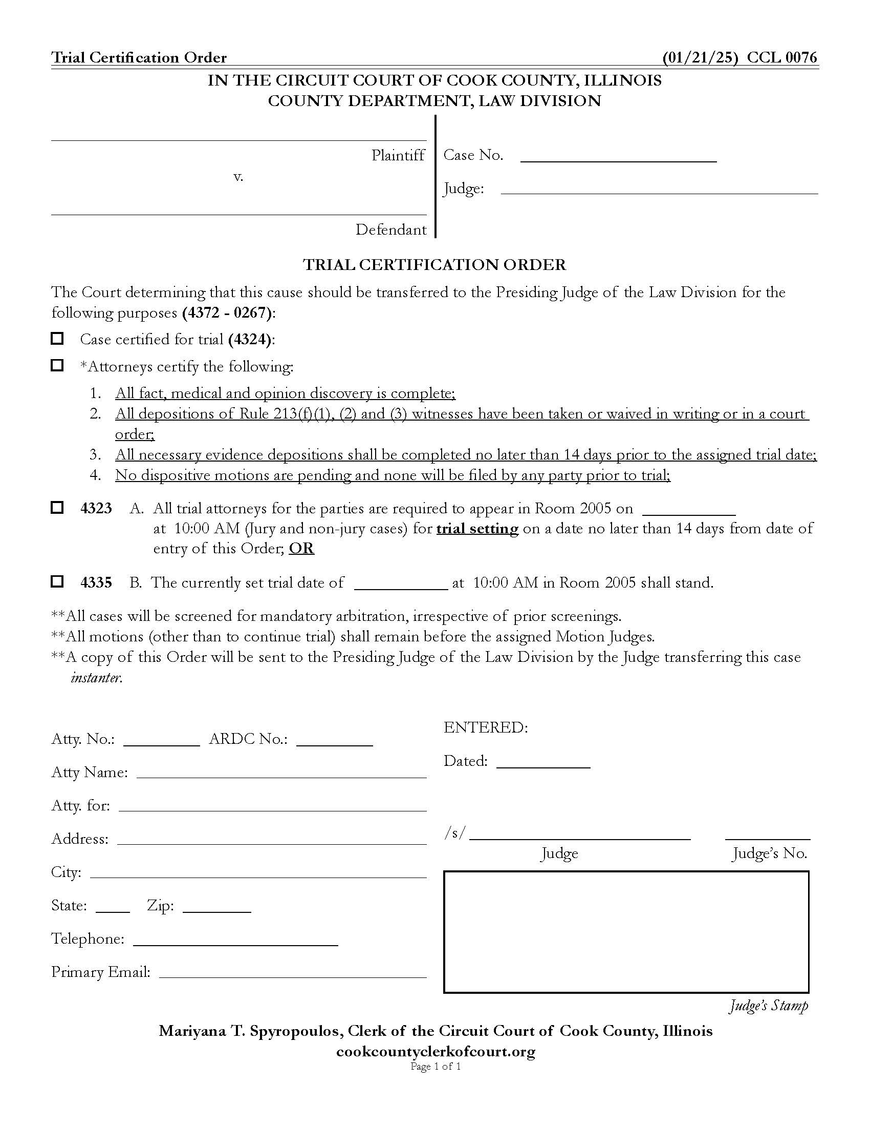Trial Certification Order {CCL 0076} | Pdf Fpdf Docx | Illinois
