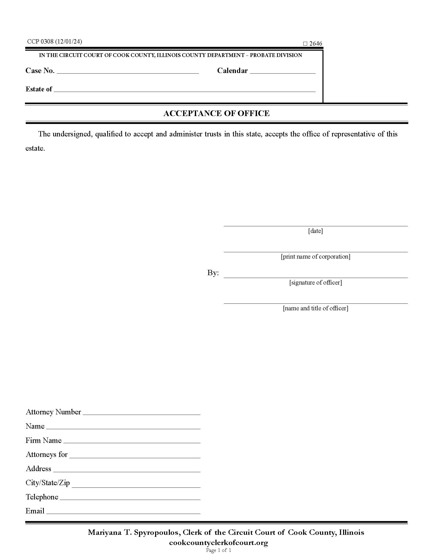 Acceptance Of Office (Corporation) {CCP 0308} | Pdf Fpdf Docx | Illinois