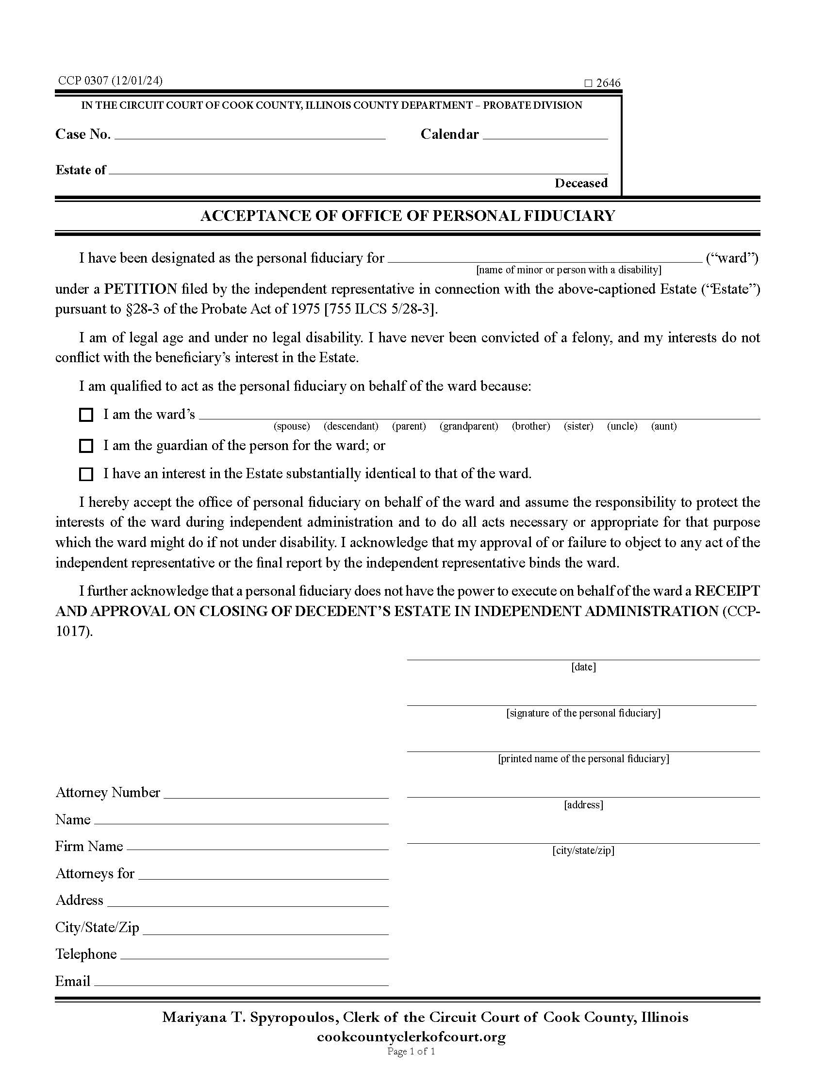 Acceptance Of Office Of Personal Fiduciary {CCP 0307} | Pdf Fpdf Docx | Illinois