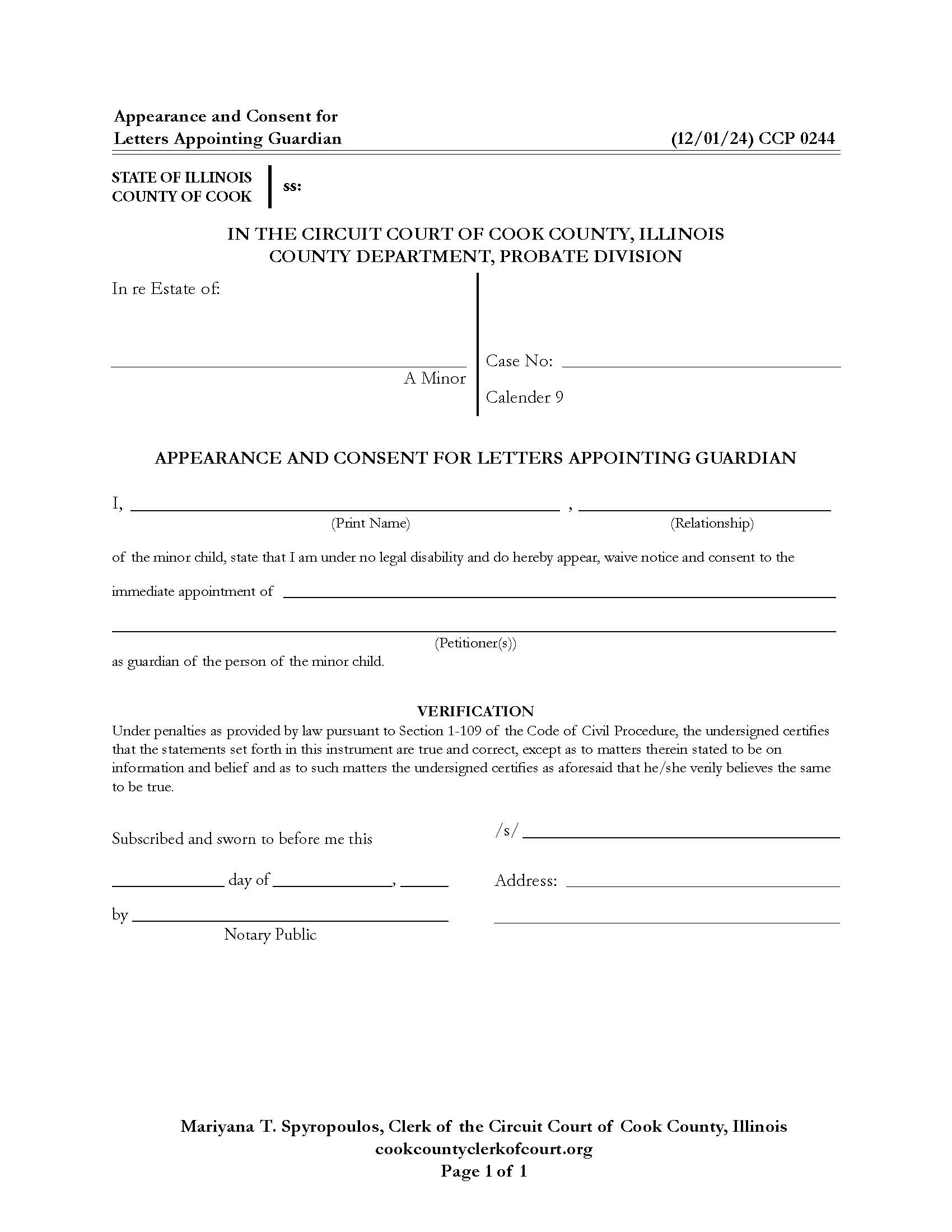 Appearance And Consent For Letters Appointing Guardian {CCP 0244} | Pdf Fpdf Docx | Illinois
