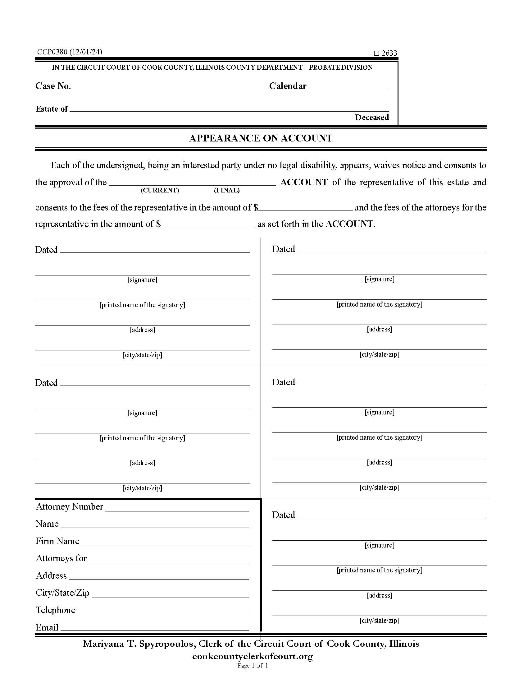 Appearance On Account {CCP 0380} | Pdf Fpdf Docx | Illinois