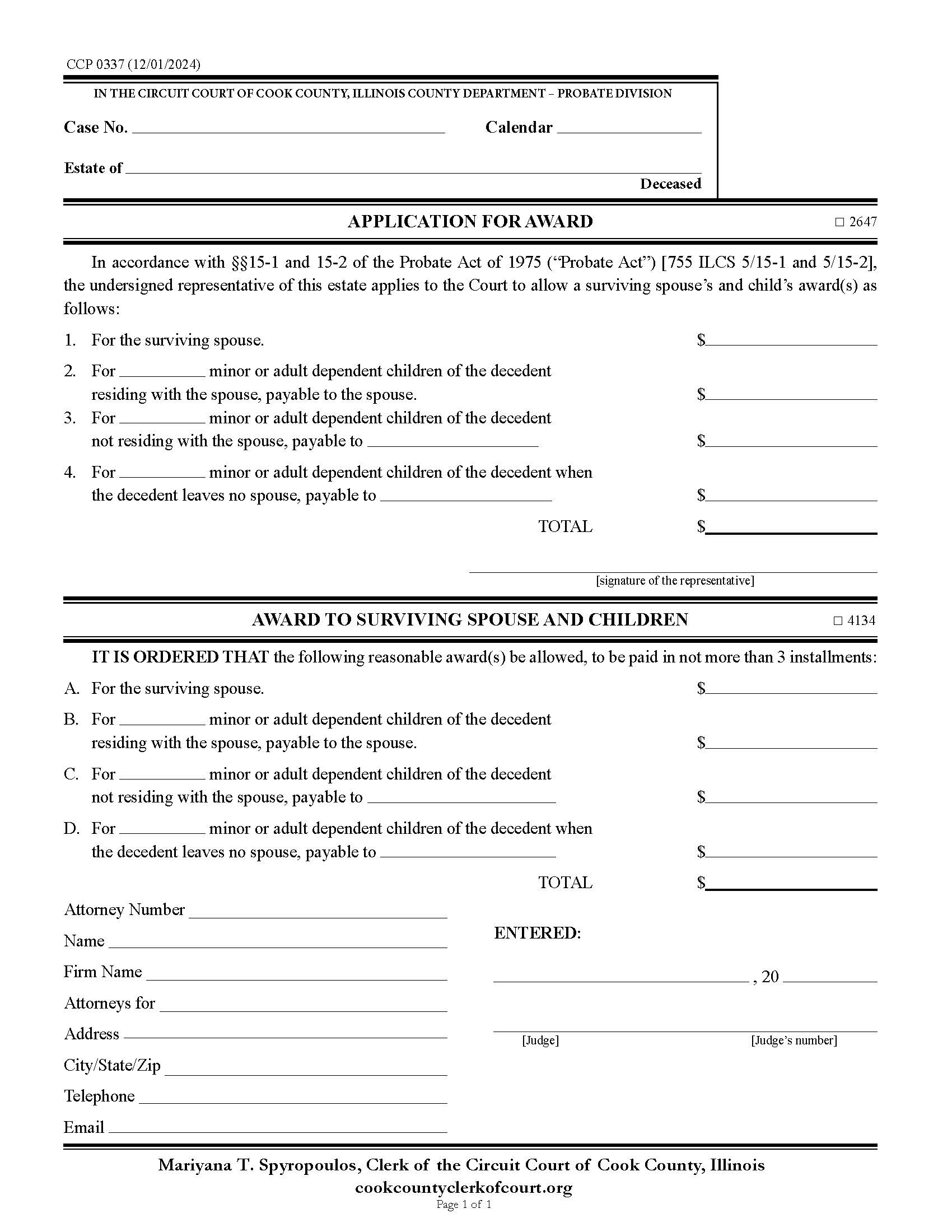Application For Award And Award To Surviving Spouse And Children {CCP 0337} | Pdf Fpdf Docx | Illinois