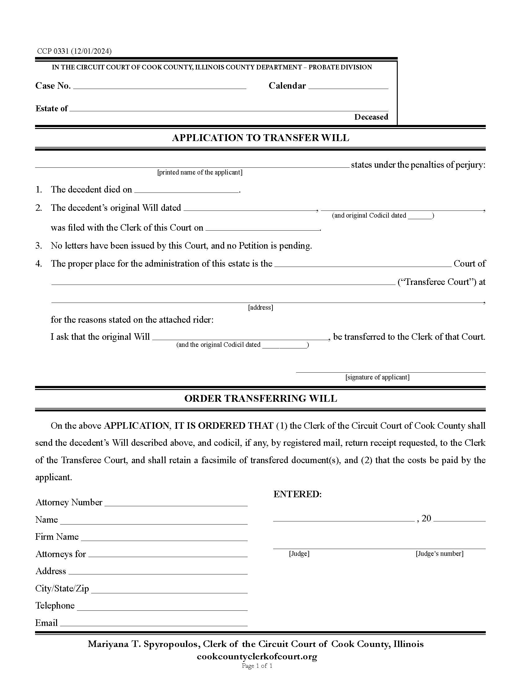 Application To Transfer Will And Order Transferring Will {CCP 0331} | Pdf Fpdf Docx | Illinois