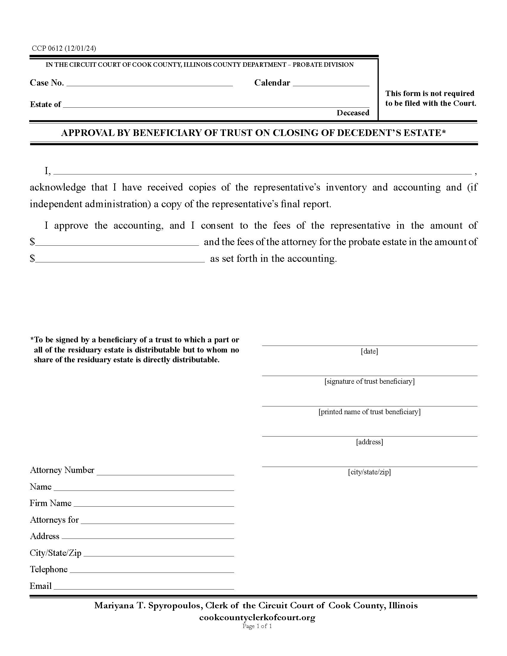 Approval By Beneficiary Of Trust On Closing Of Decedents Estate {CCP 0612} | Pdf Fpdf Doc Docx | Illinois