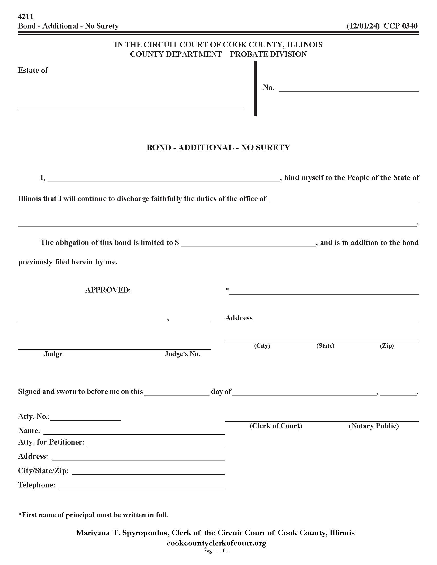 Bond - Additional - No Surety {CCP 0340} | Pdf Fpdf Doc Docx | Illinois