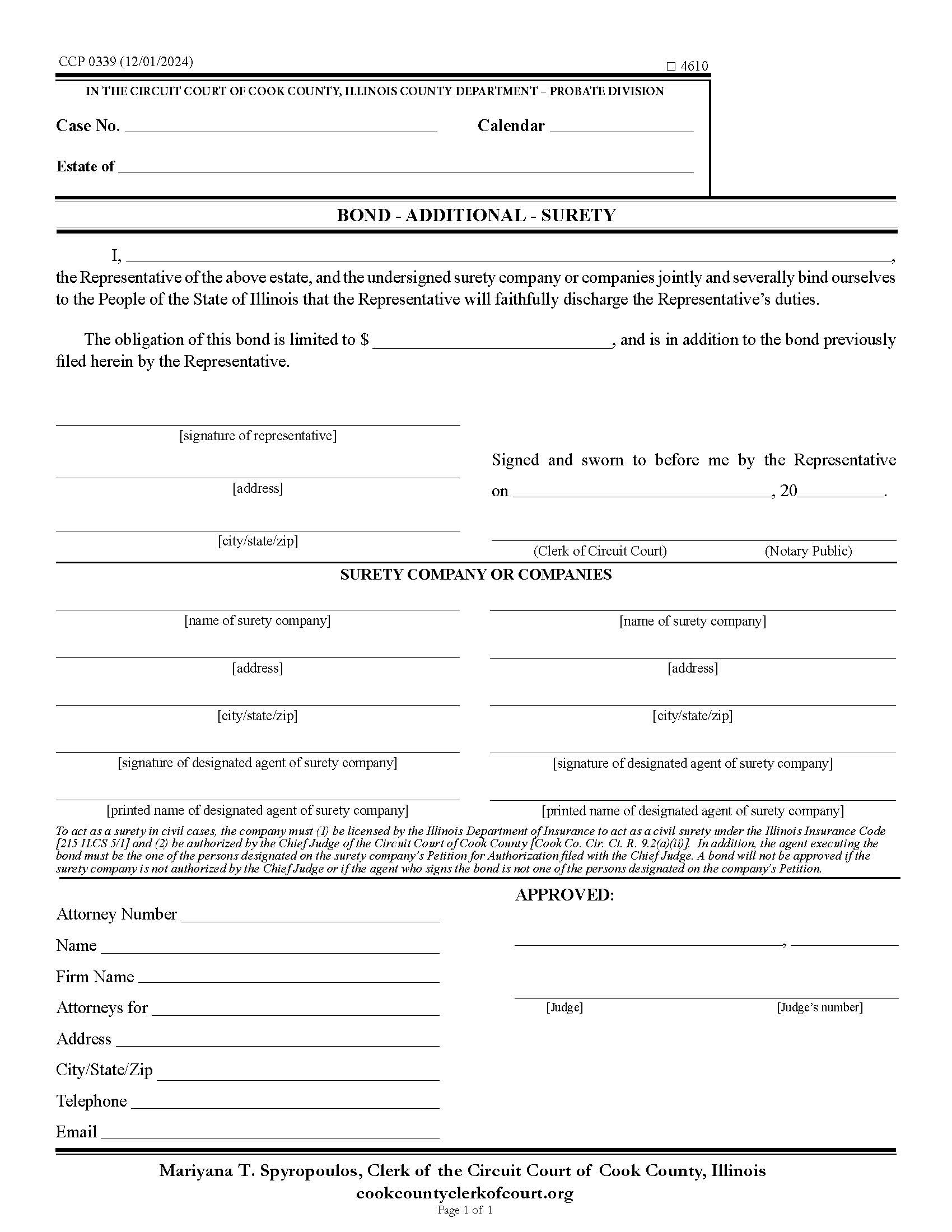 Bond - Additional - Surety {CCP 0339} | Pdf Fpdf Docx | Illinois