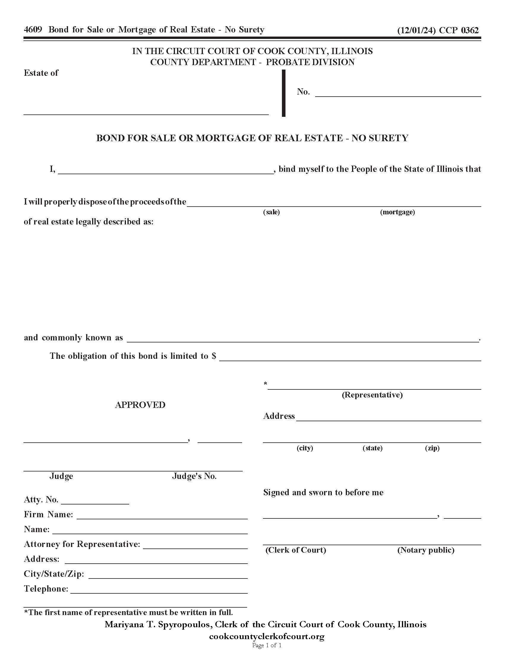 Bond For Sale Or Mortgage Of Real Estate - No Surety {CCP 0362} | Pdf Fpdf Doc Docx | Illinois