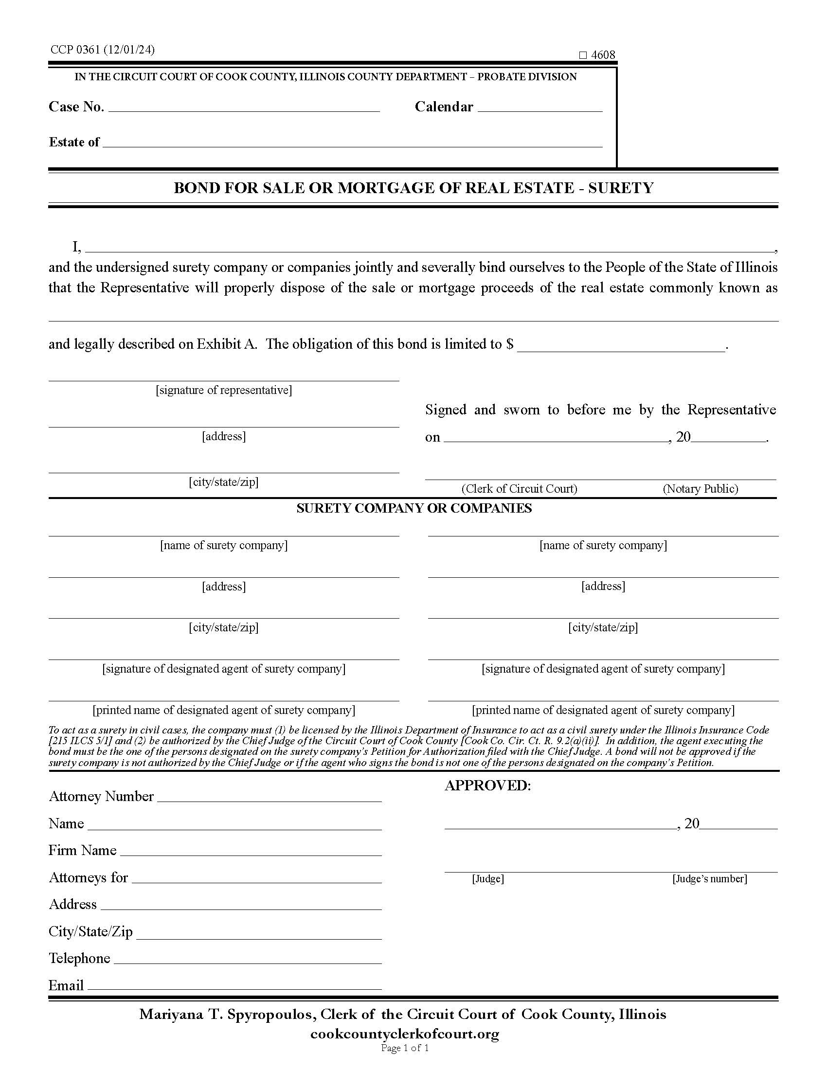 Bond For Sale Or Mortgage Of Real Estate - Surety {CCP 0361} | Pdf Fpdf Docx | Illinois