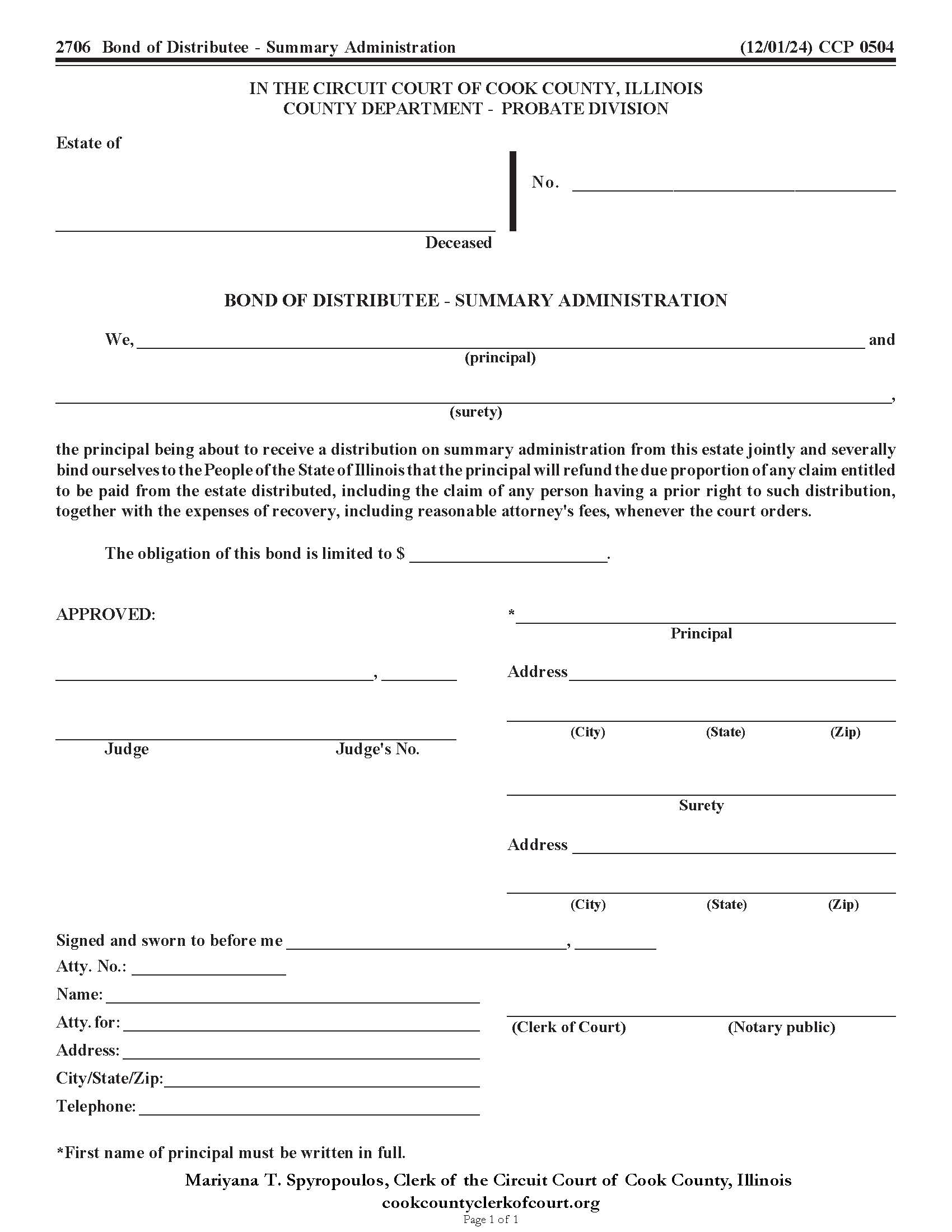 Bond Of Distributee Summary Administration {CCP 0504} | Pdf Fpdf Doc Docx | Illinois