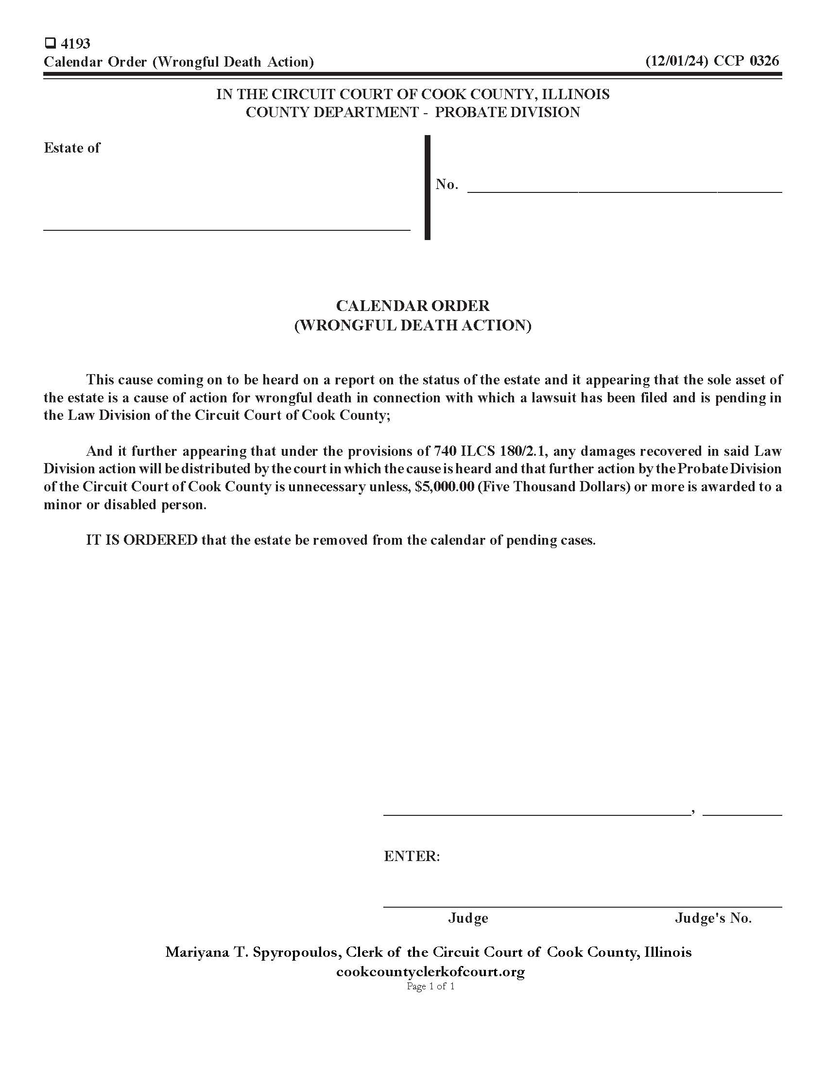 Calendar Order (Wrongful Death Action) {CCP 0326} | Pdf Fpdf Doc Docx | Illinois