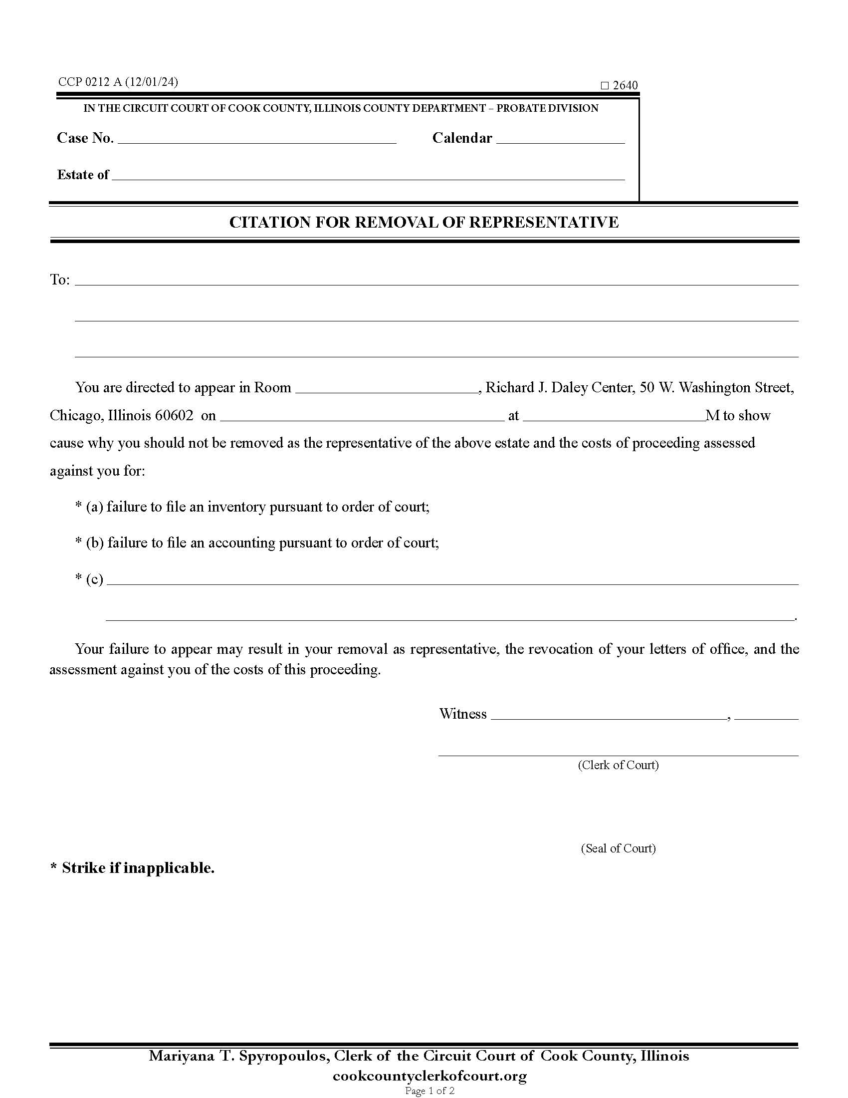 Citation For Removal Of Representative {CCP 0212} | Pdf Fpdf Docx | Illinois
