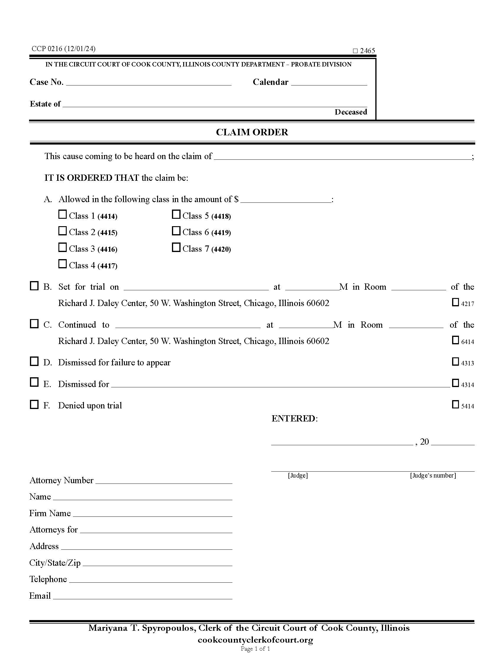 Claim Order {CCP 0216} | Pdf Fpdf Docx | Illinois