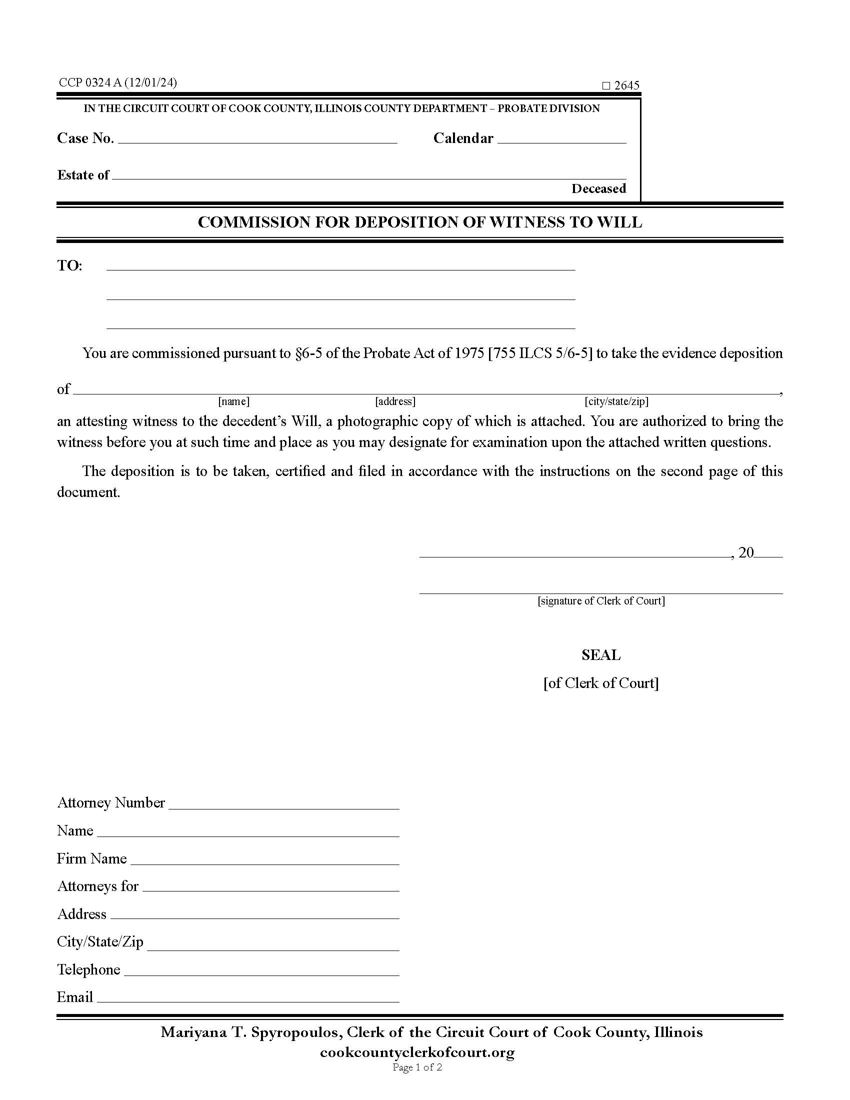 Commission For Deposition Of Witness To Will {CCP 0324} | Pdf Fpdf Docx | Illinois