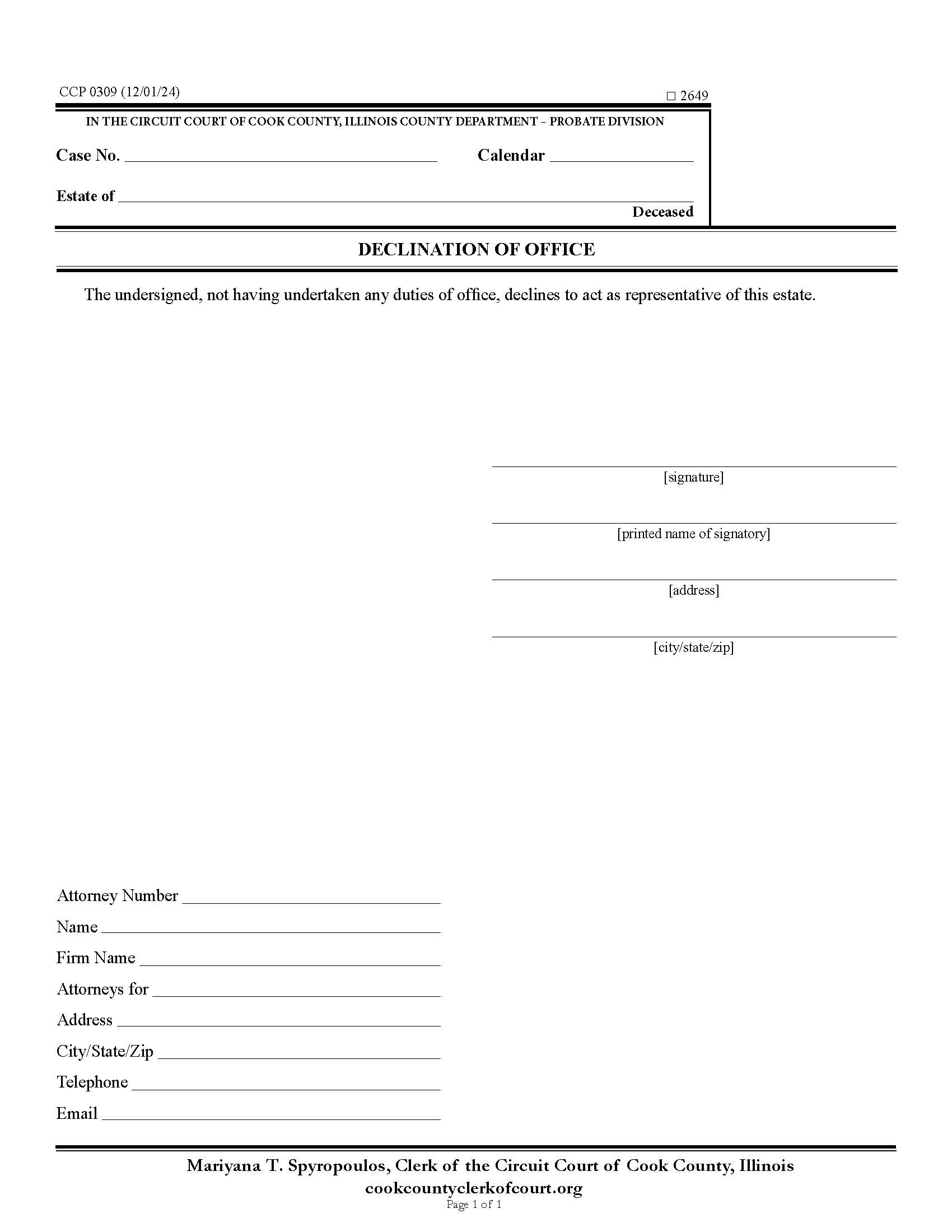 Declination Of Office {CCP 0309} | Pdf Fpdf Docx | Illinois