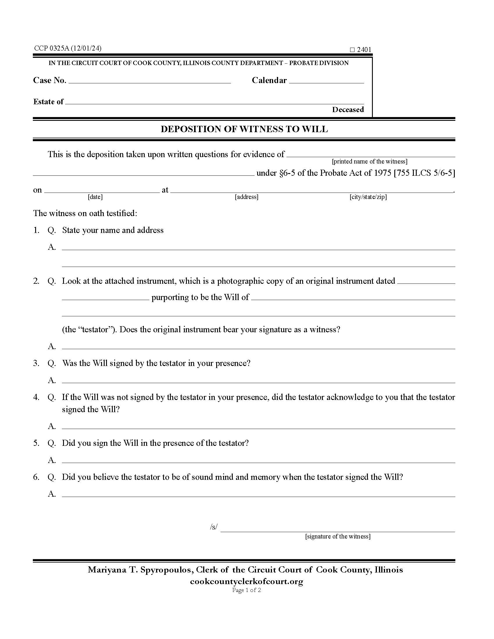 Deposition Of Witness To Will {CCP 0325} | Pdf Fpdf Docx | Illinois