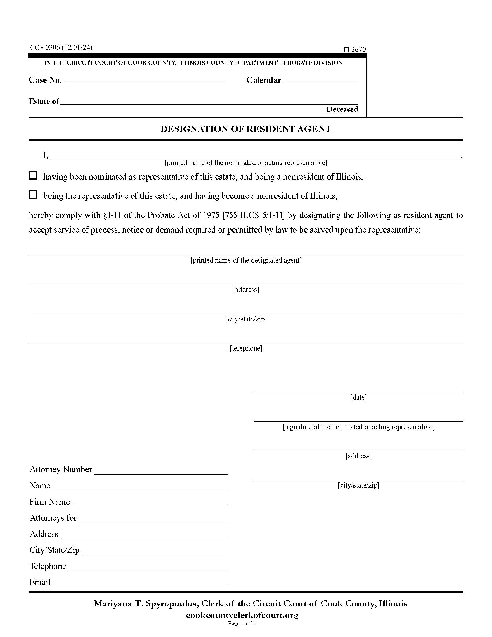 Designation Of Resident Agent {CCP 0306} | Pdf Fpdf Docx | Illinois