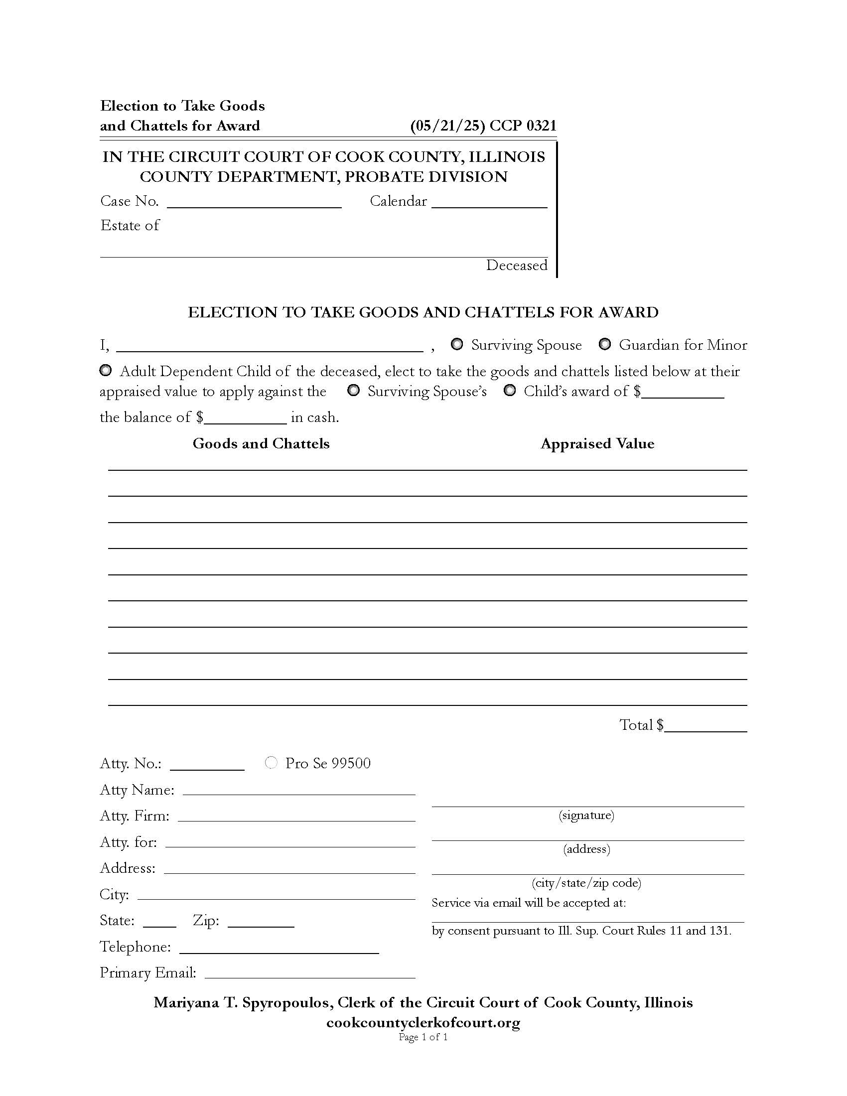 Election To Take Goods And Chattels For Award {CCP 0321} | Pdf Fpdf Docx | Illinois