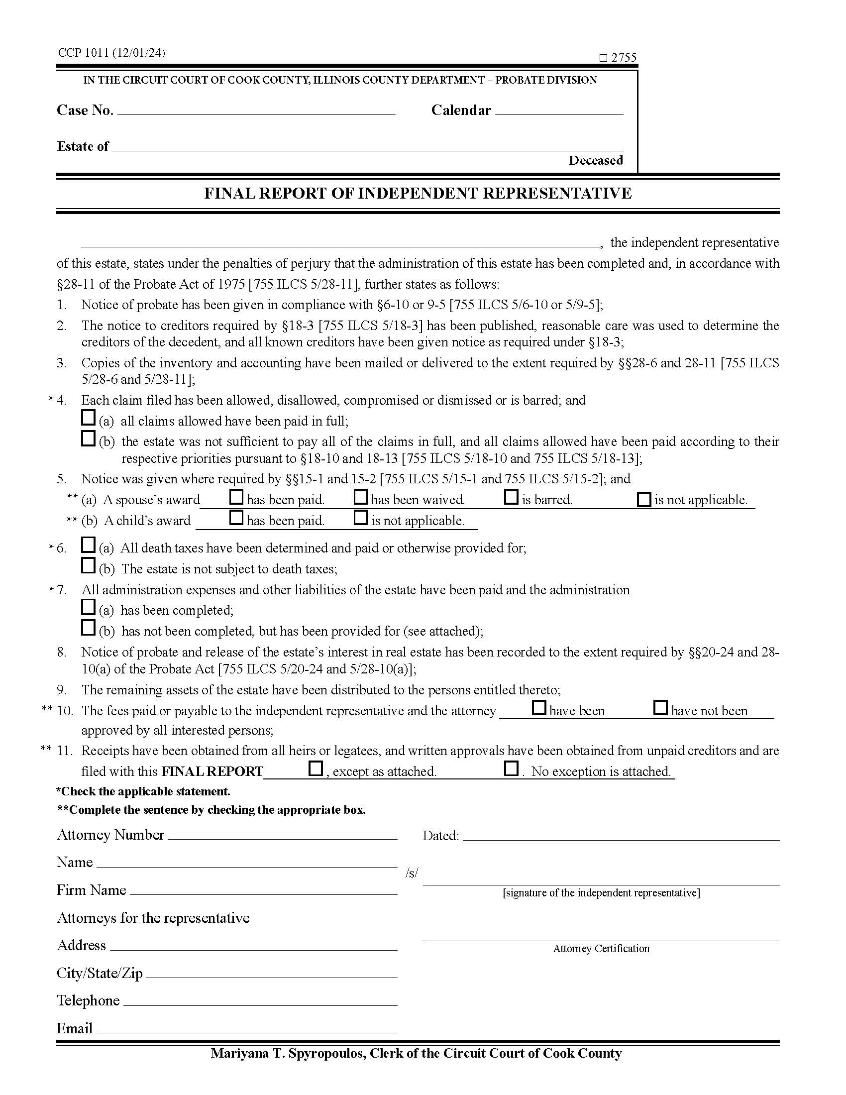 Final Report Of Independent Representative {CCP 1011} | Pdf Fpdf Docx | Illinois