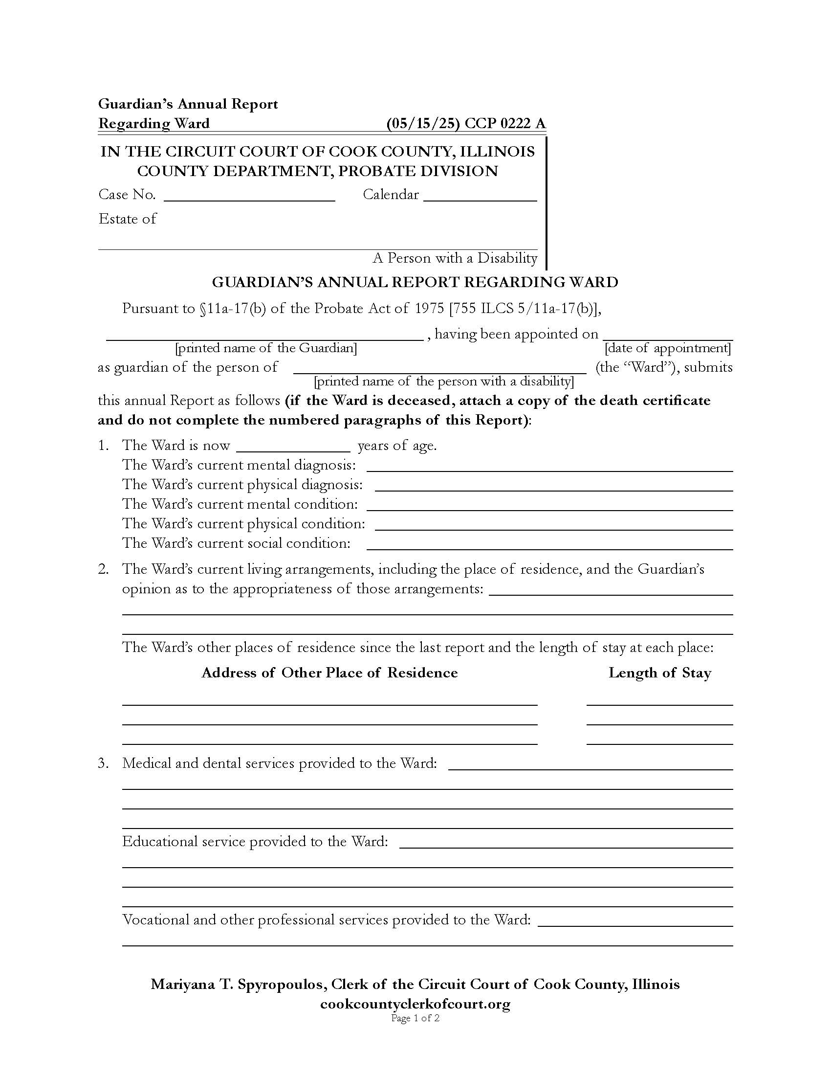 Guardians Annual Report Regarding Ward {CCP 0222} | Pdf Fpdf Docx | Illinois