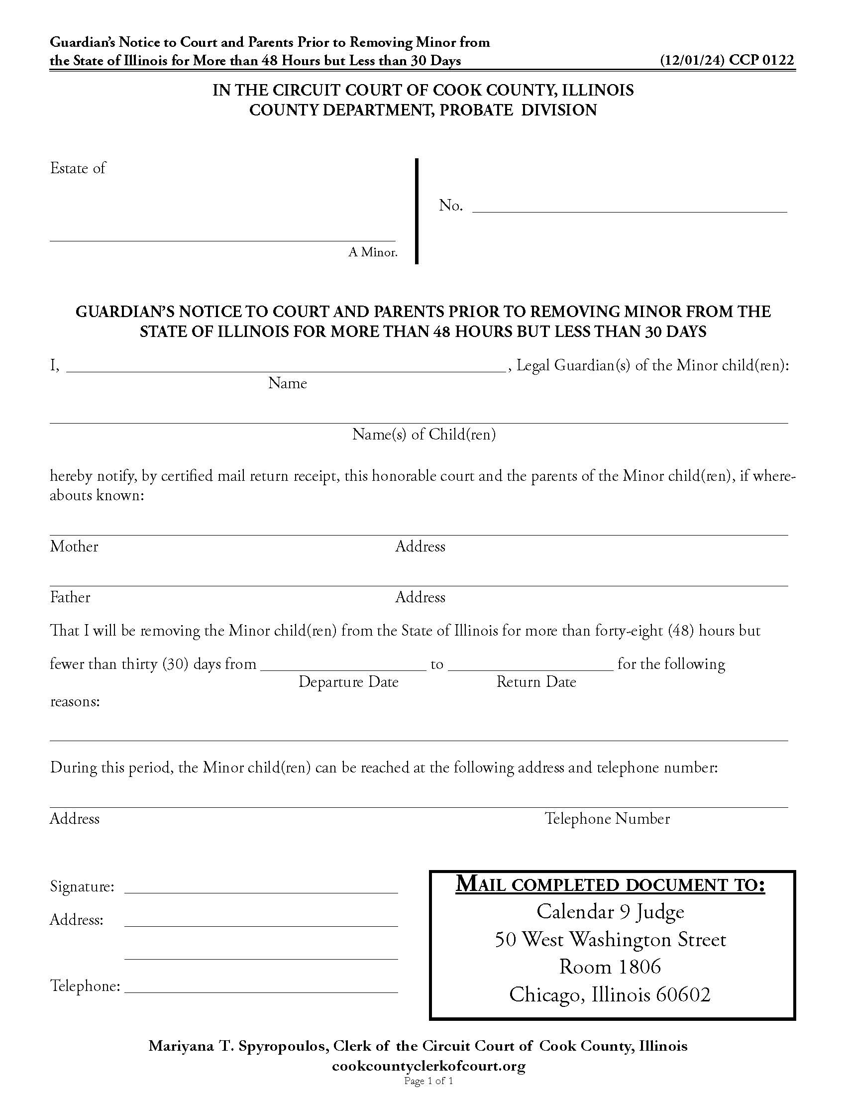 Guardians Notice Prior To Removing Minor From Illinois (2-29 Days) {CCP 0122} | Pdf Fpdf Docx | Illinois