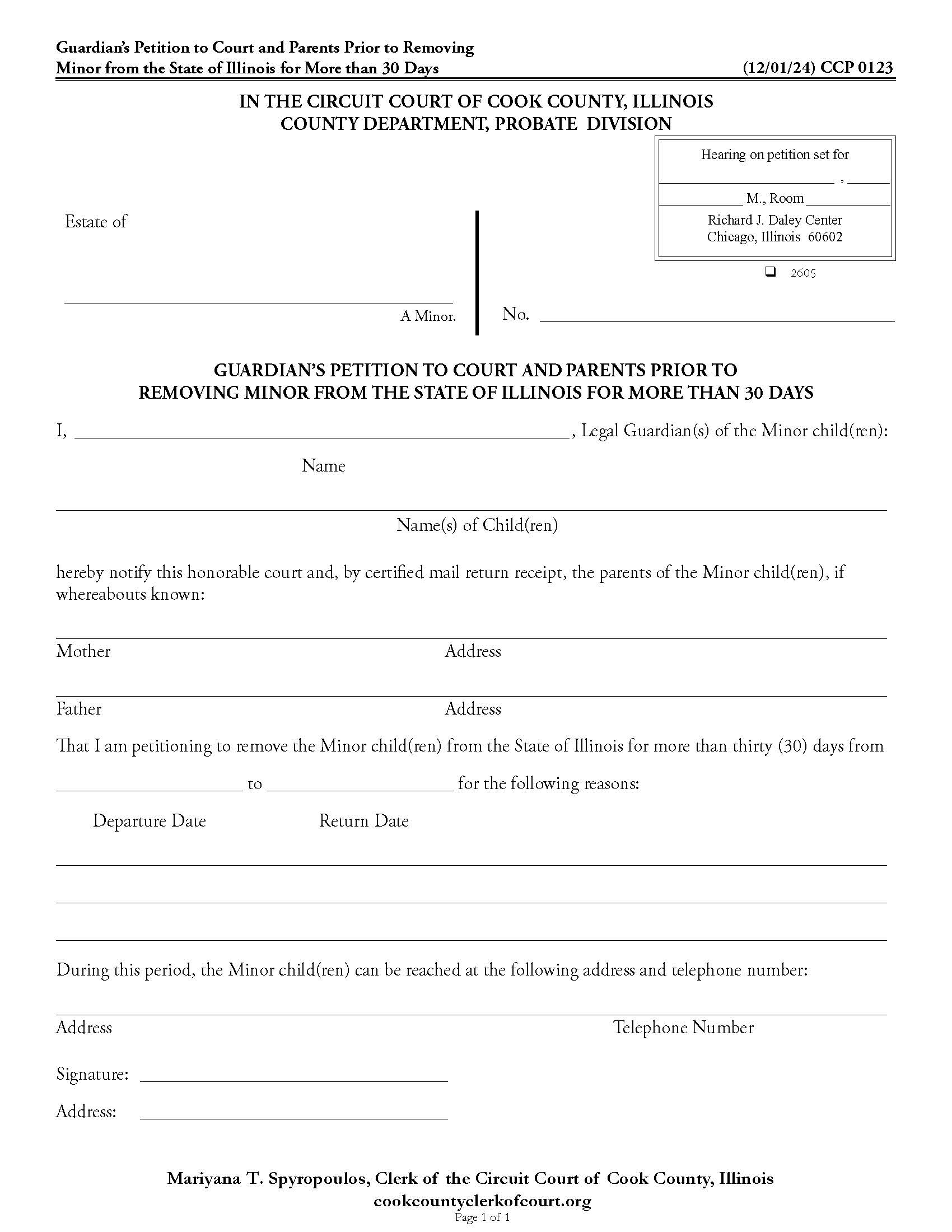 Guardians Petition Removing Minor From Illinois More Than 30 Days {CCP 0123} | Pdf Fpdf Docx | Illinois
