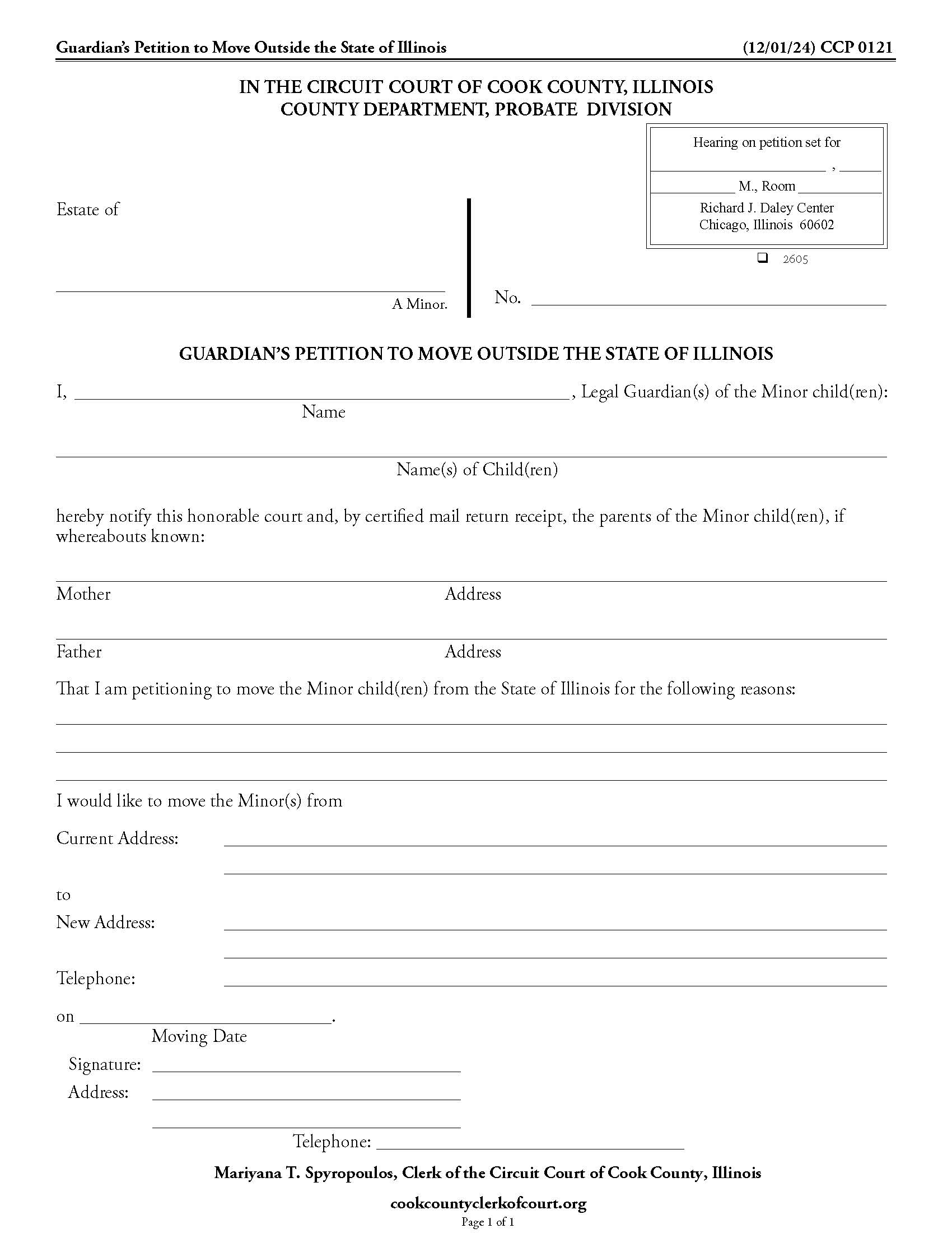 Guardians Petition To Move Outside The State Of Illinois {CCP 0121} | Pdf Fpdf Docx | Illinois