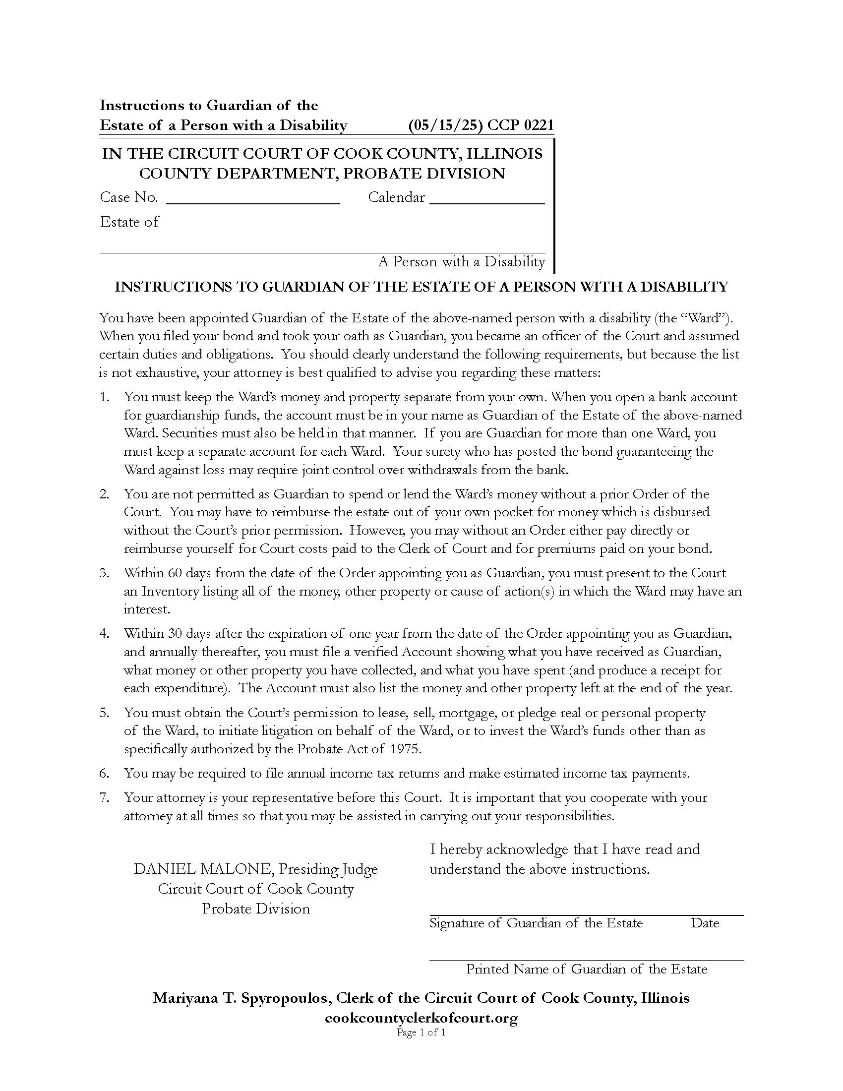 Instructions To Guardian Of Estate Of Person With Disability {CCP 0221} | Pdf Fpdf Docx | Illinois