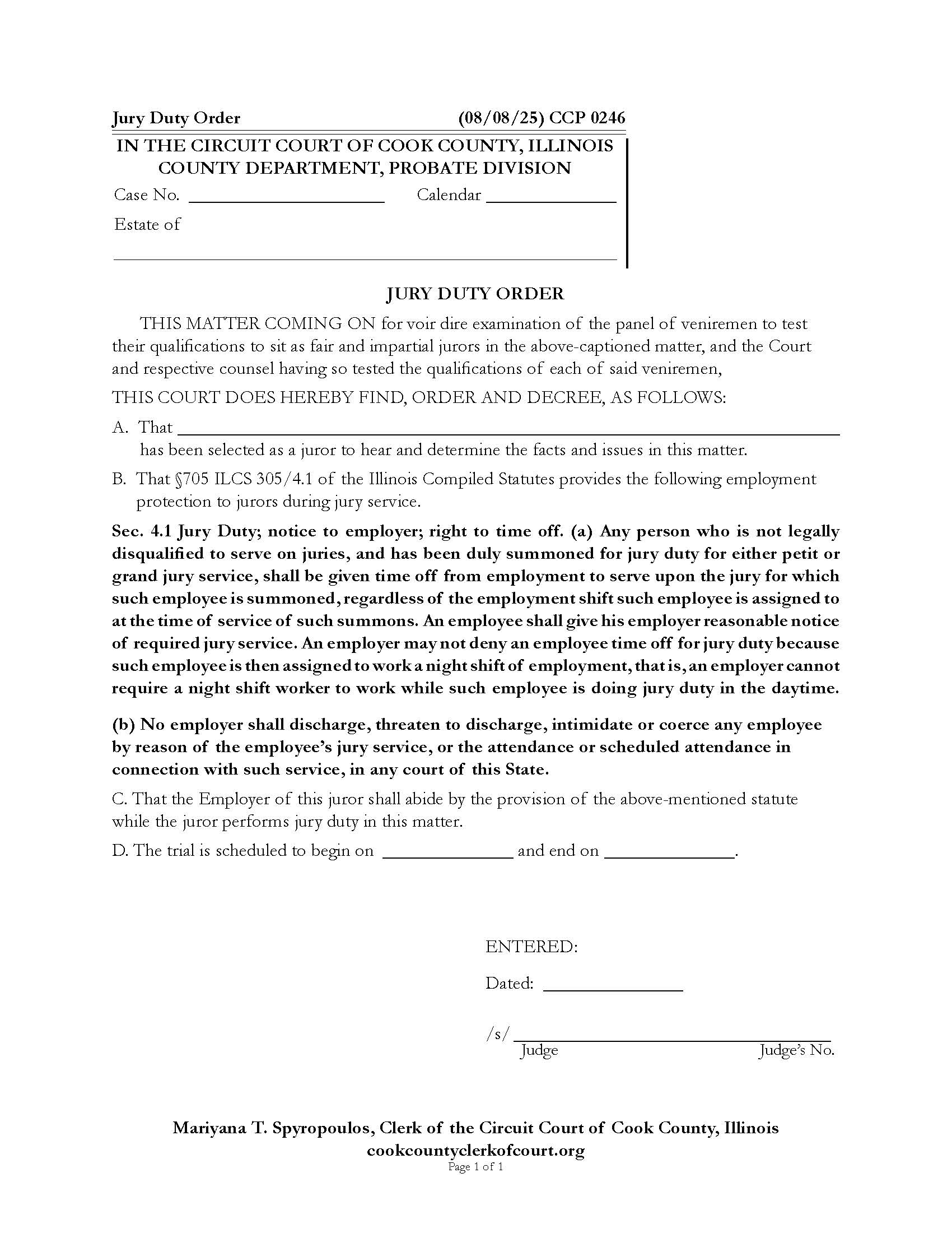 Jury Duty Order {CCP 0246} | Pdf Fpdf Docx | Illinois