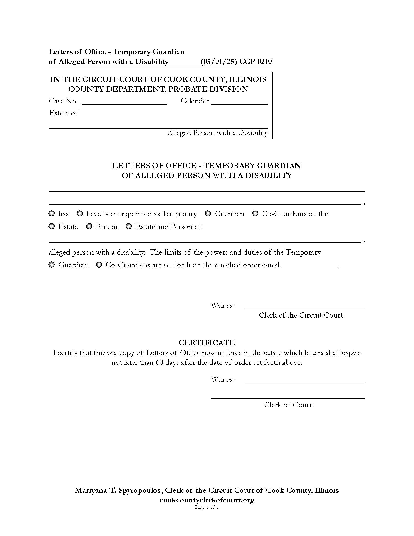 Letters Of Office Temporary Guardian Of Alleged Person With Disability {CCP 0210} | Pdf Fpdf Docx | Illinois