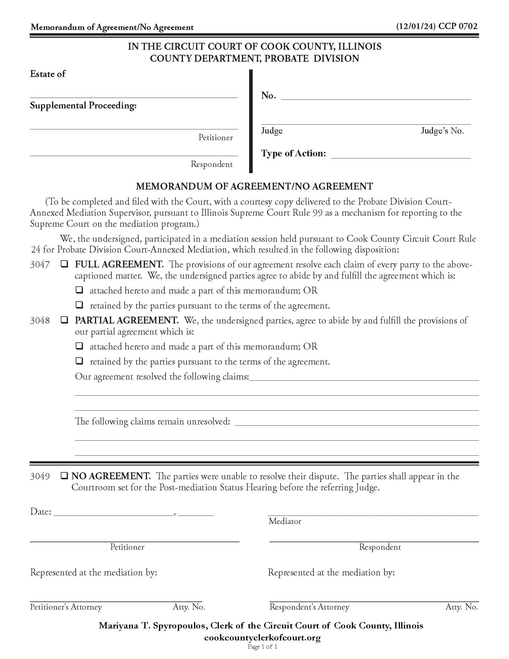 Memorandum Of Agreement-No Agreement {CCP 0702} | Pdf Fpdf Doc Docx | Illinois