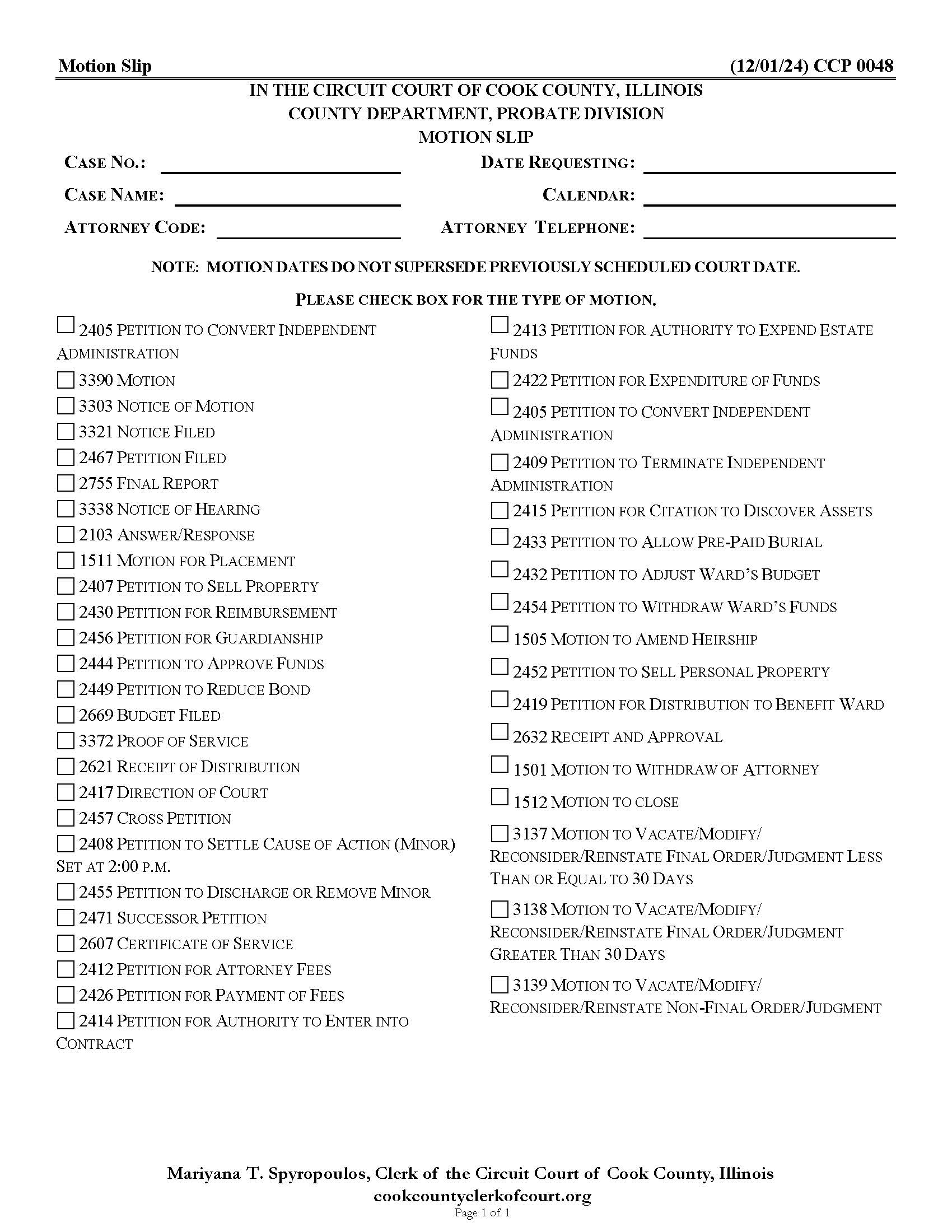 Motion Slip {CCP 0048} | Pdf Fpdf Doc Docx | Illinois