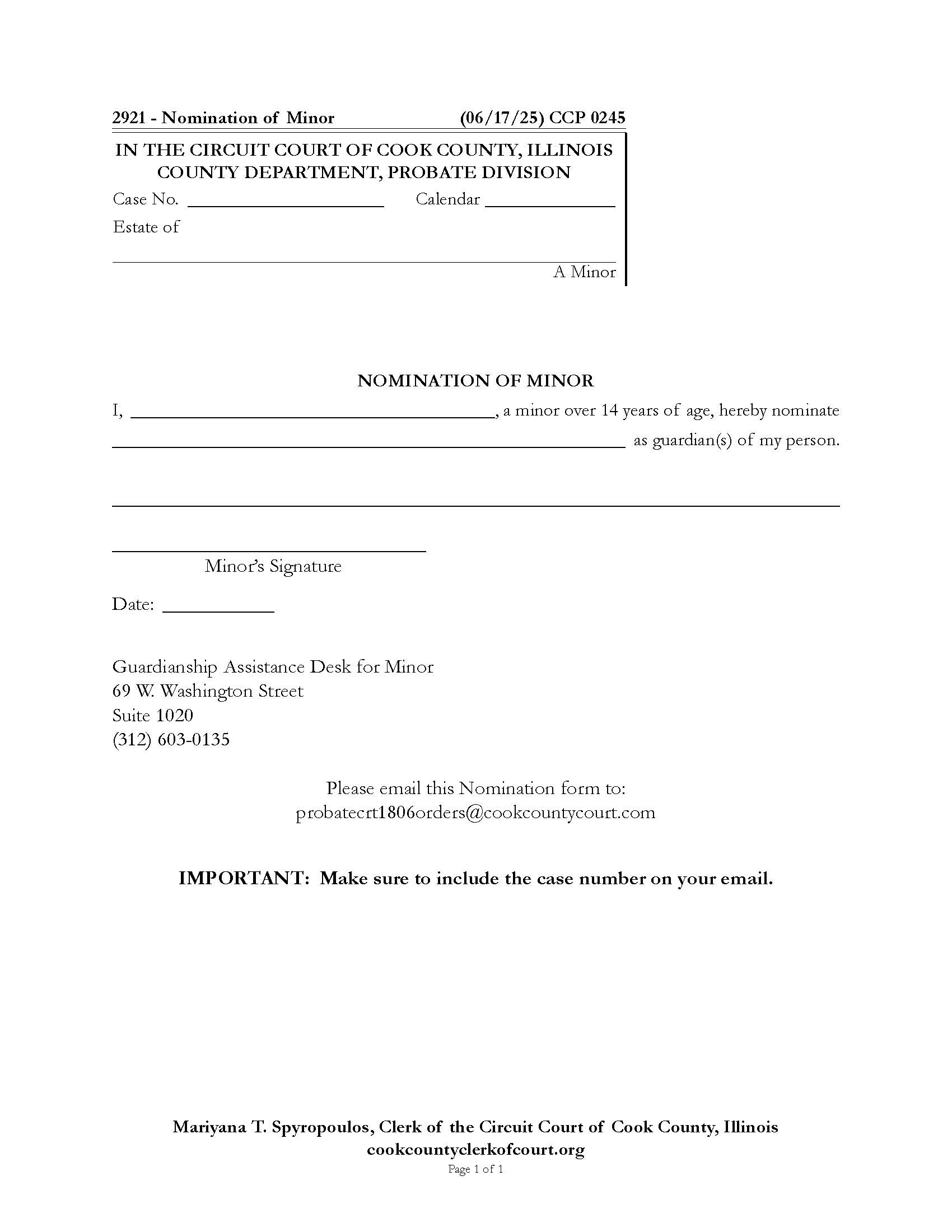 Nomination Of Minor {CCP 0245} | Pdf Fpdf Docx | Illinois