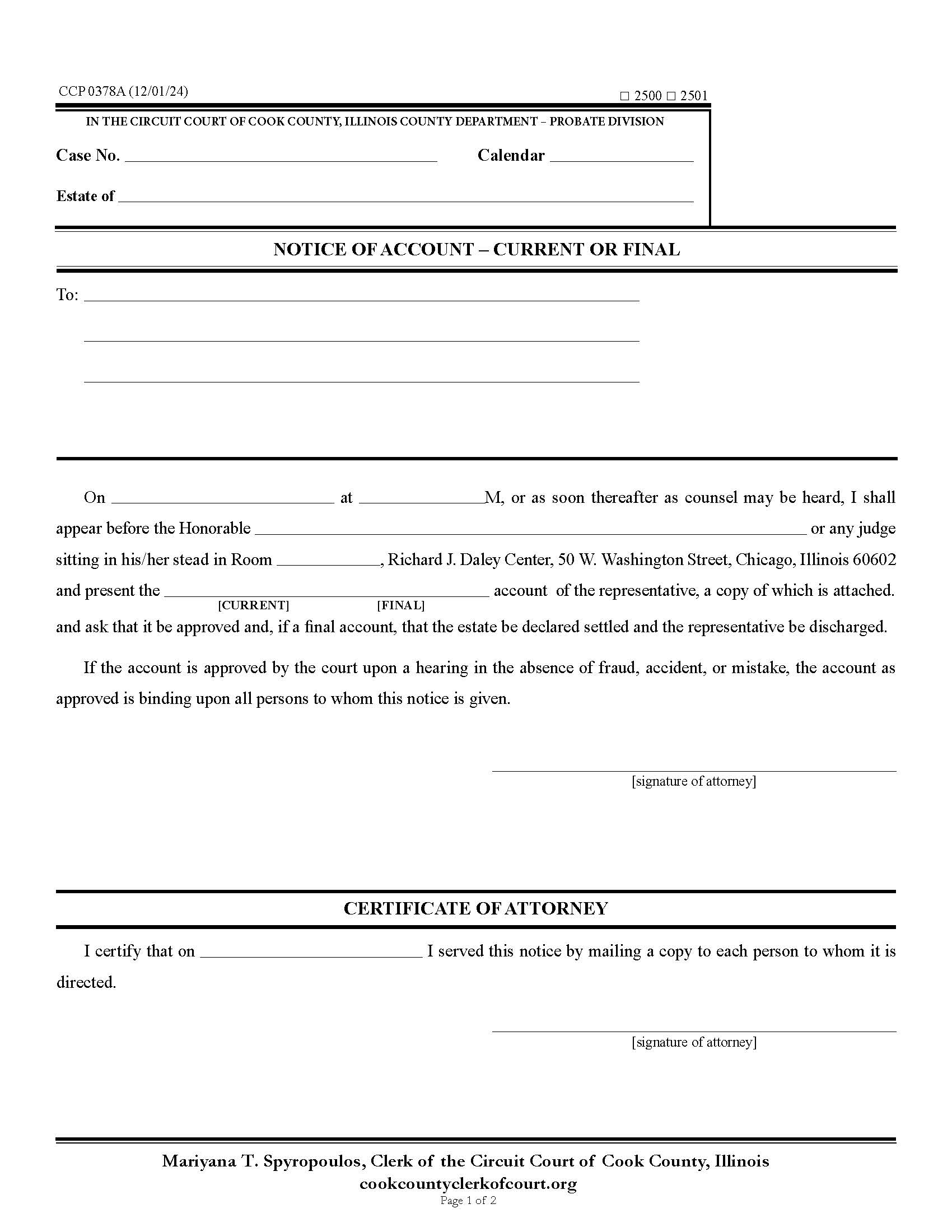 Notice Of Account Current Or Final {CCP 0378} | Pdf Fpdf Docx | Illinois