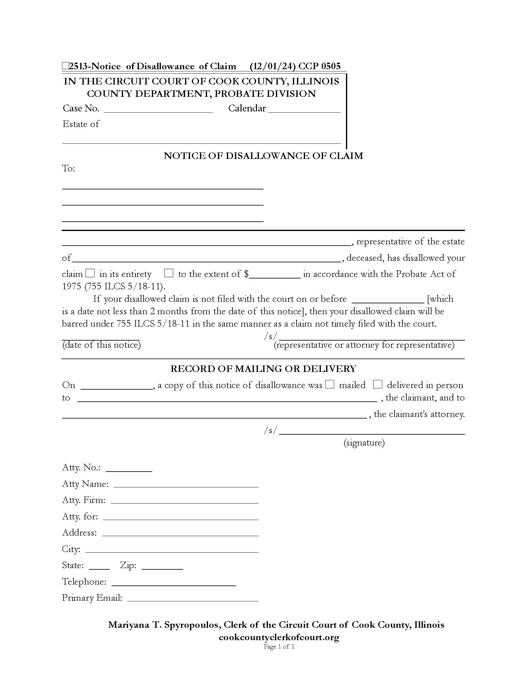 Notice Of Disallowance Of Claim {CCP 0505} | Pdf Fpdf Doc Docx | Illinois