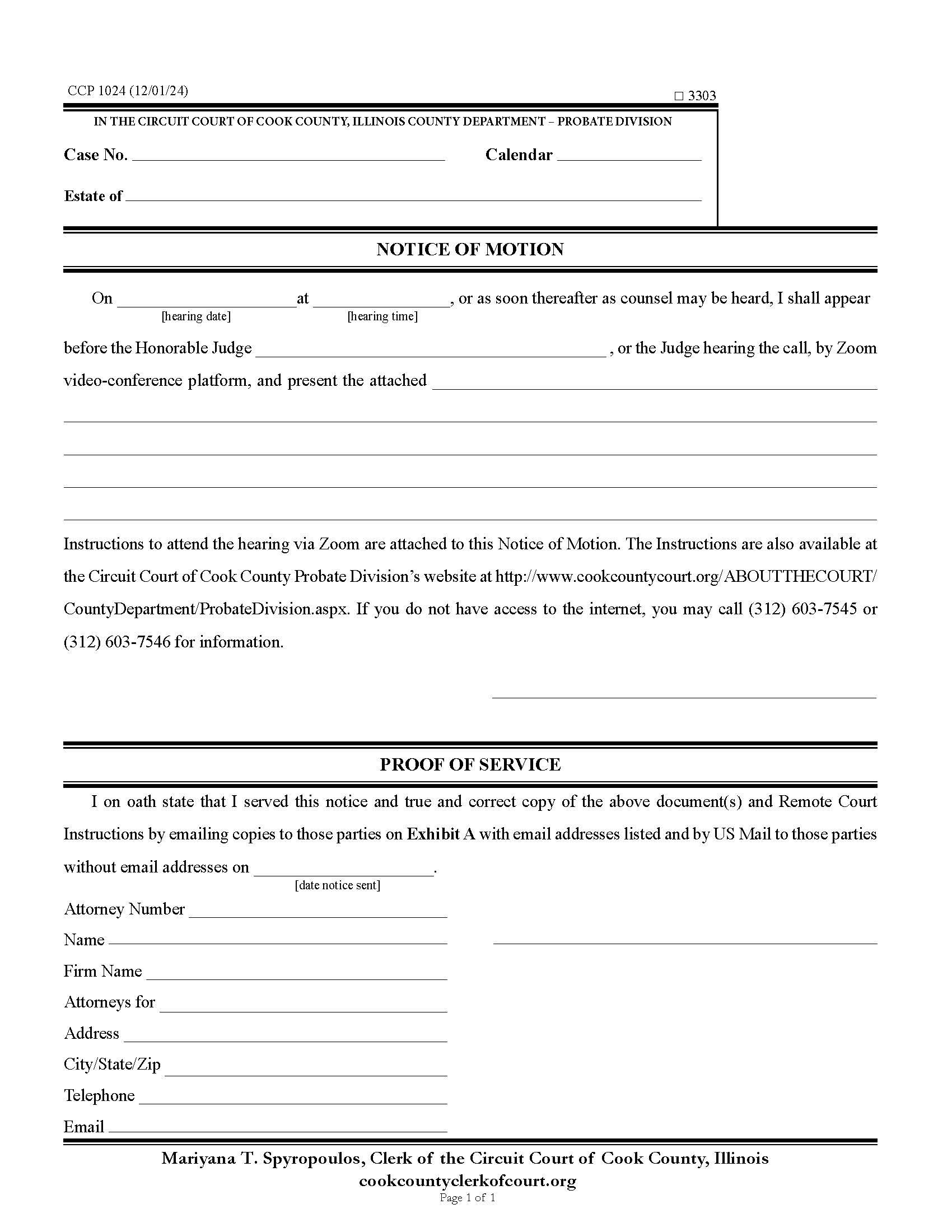 Notice Of Motion (Zoom Appearance) {CCP 1024} | Pdf Fpdf Docx | Illinois