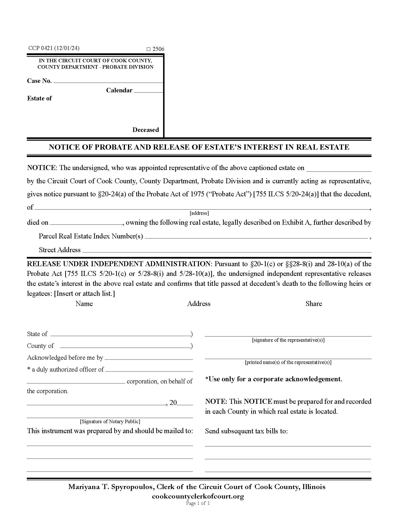 Notice Of Probate Release Of Estates Interest In Real Estate {CCP 0421} | Pdf Fpdf Doc Docx | Illinois
